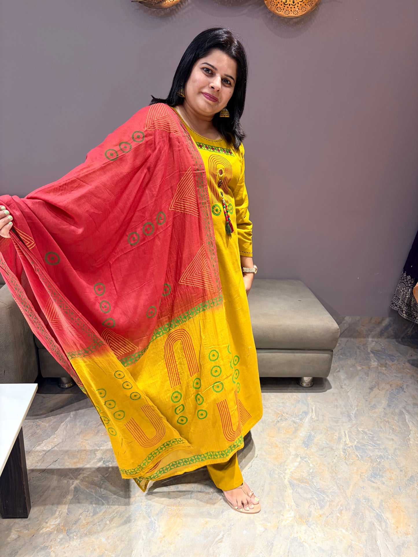 Pure Jaipuri Cotton Aline Designer Yellow and Red Suit