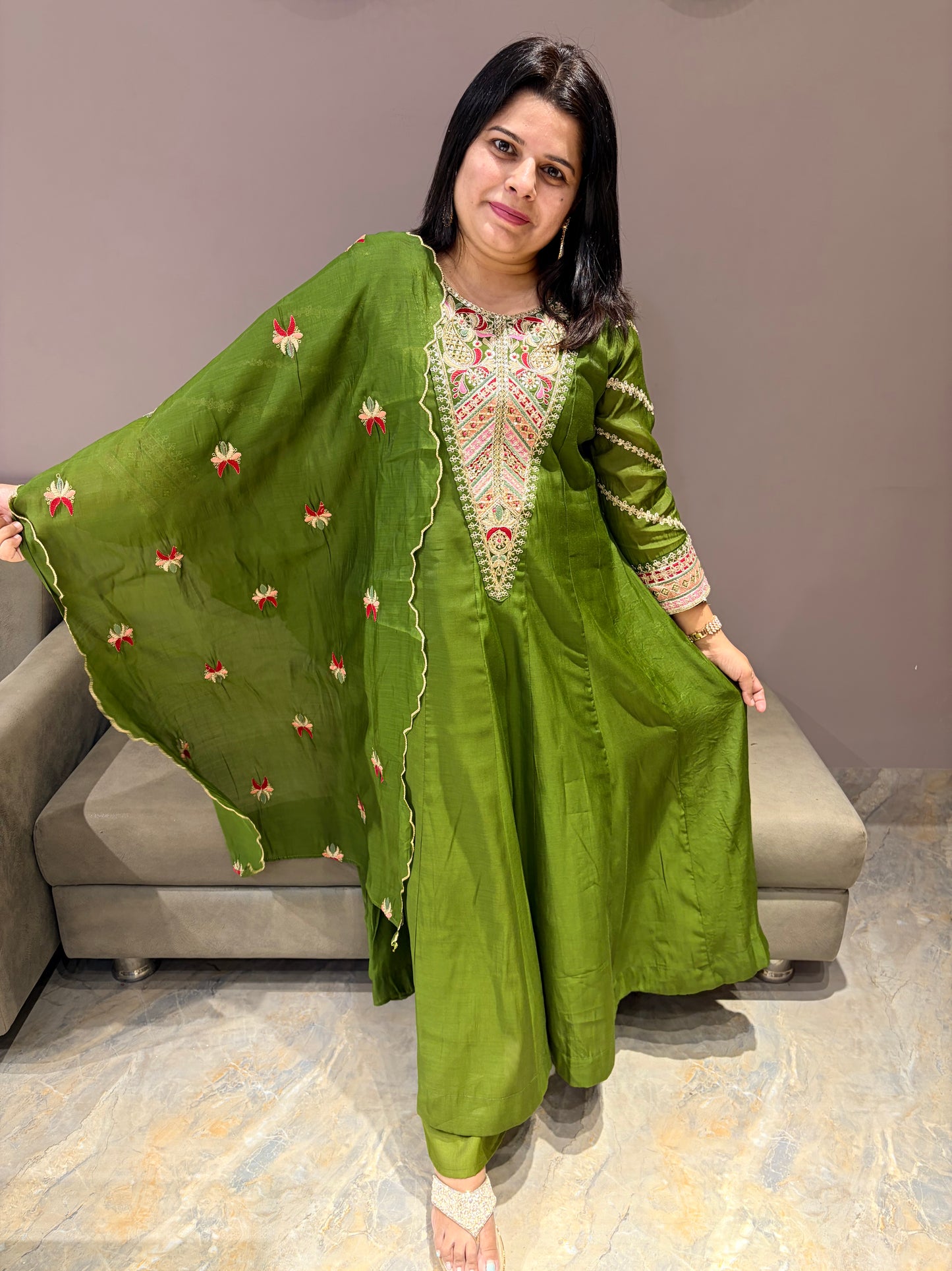 Mehndi Green Pure Mul Cotton Premium Anarkali Suit