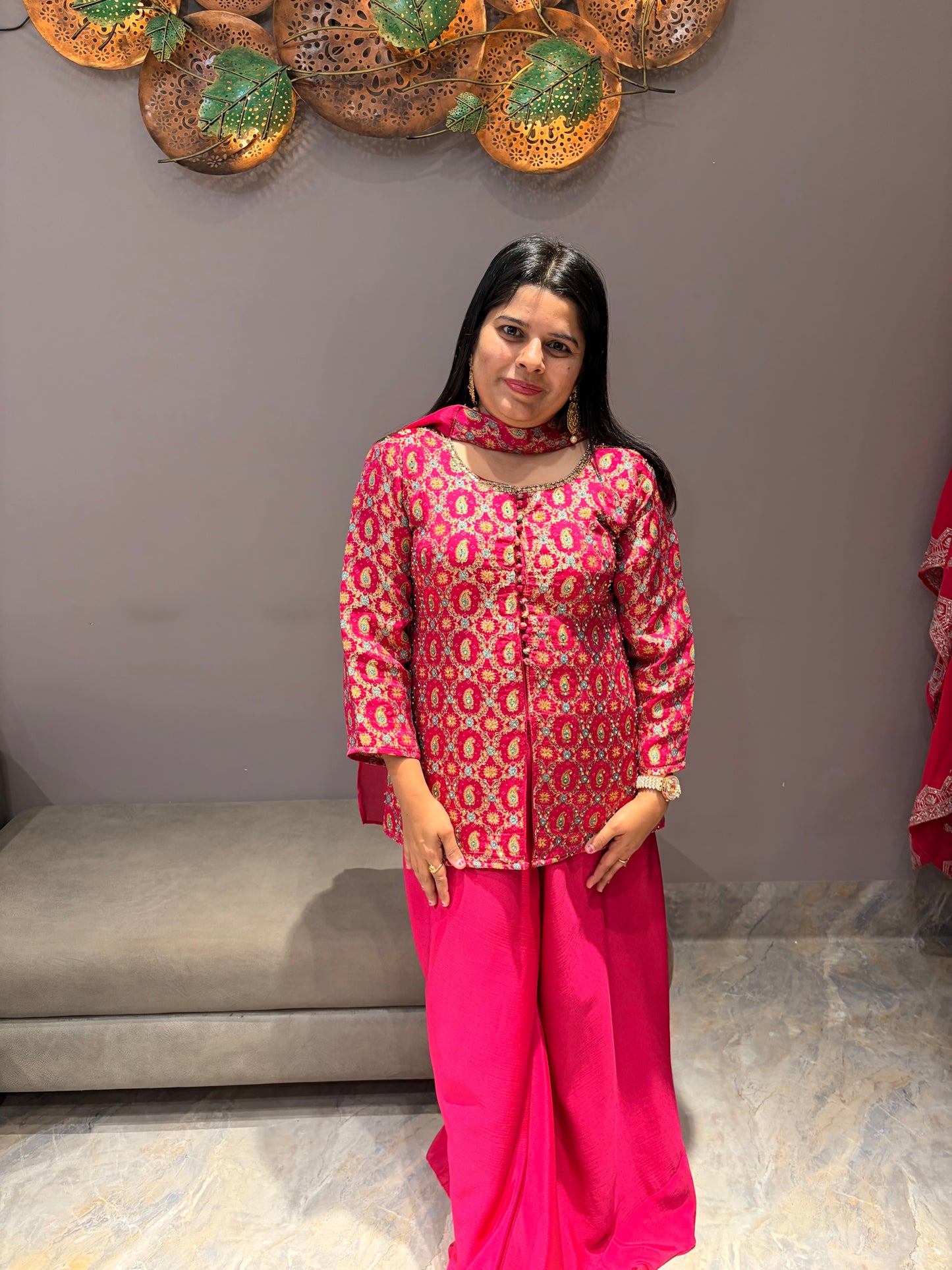 Rani Pink Jacquard Blazer Top with Chiffon Plazo & Dupatta
