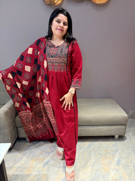 Marron Pure Jaipuri Cotton Aline Suit