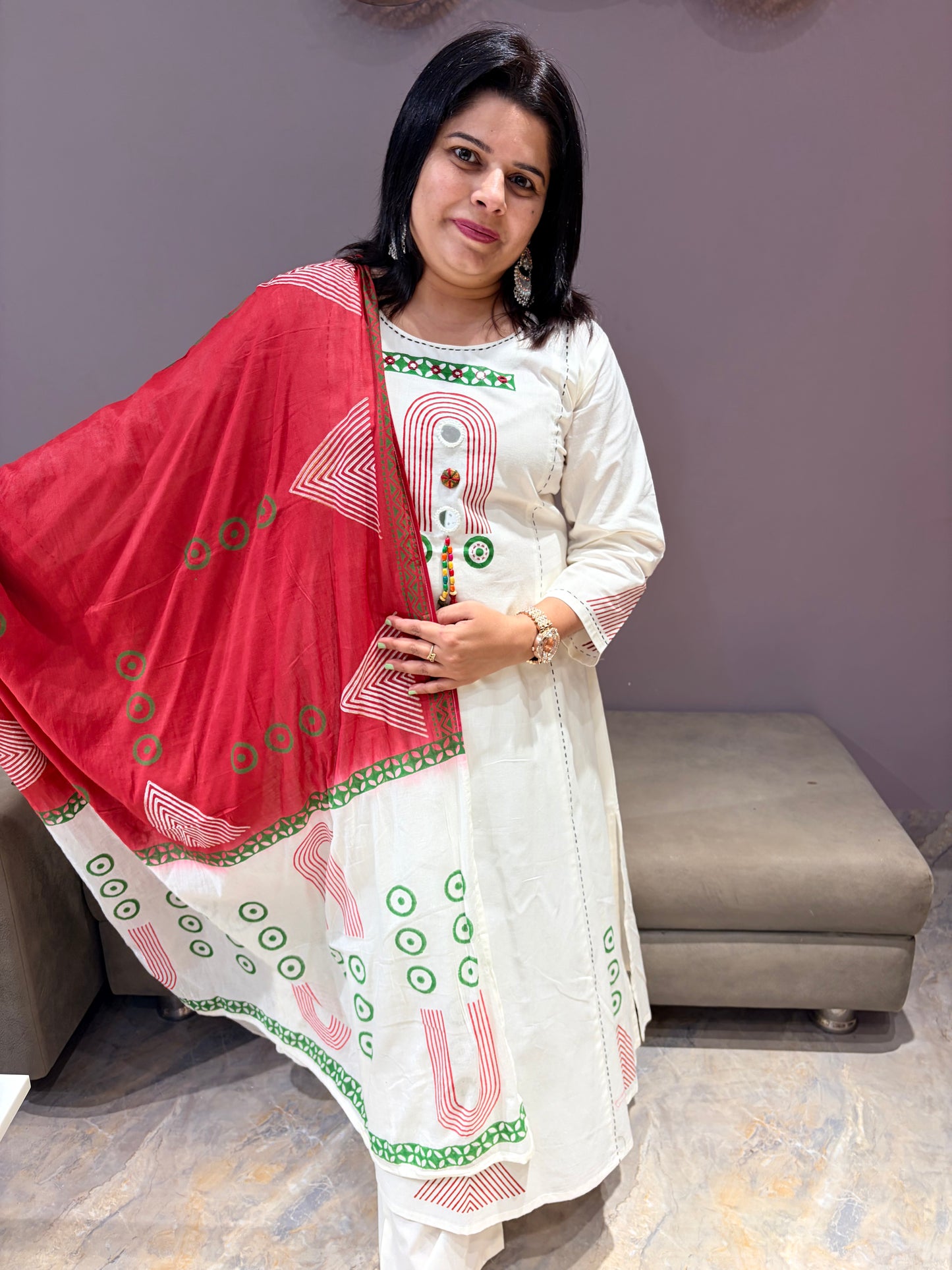 Pure Jaipuri Cotton Premium Aline Cotton White and Red Suit