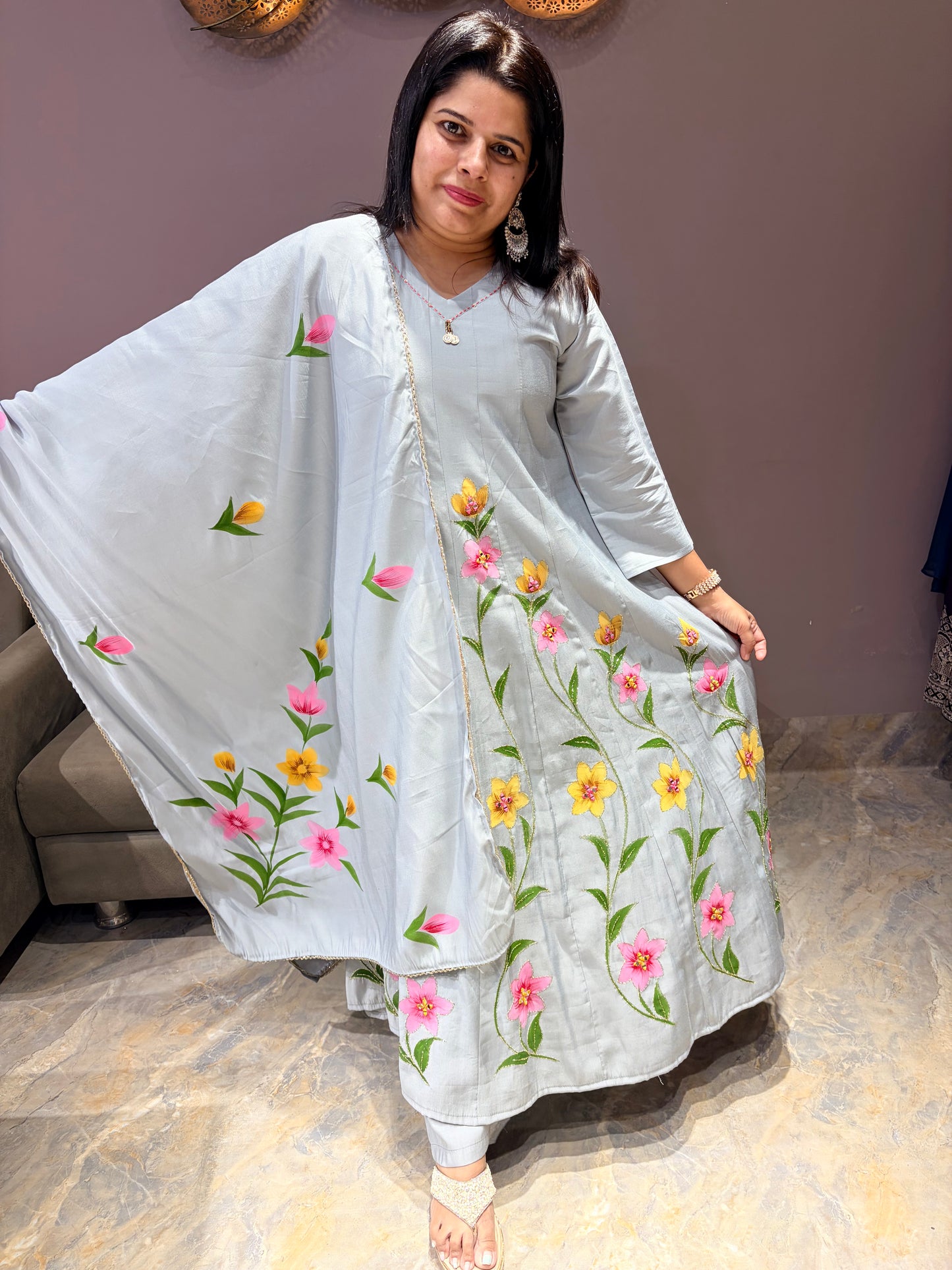 Ash Grey Color Designer Brush Paint Anarkali Suit