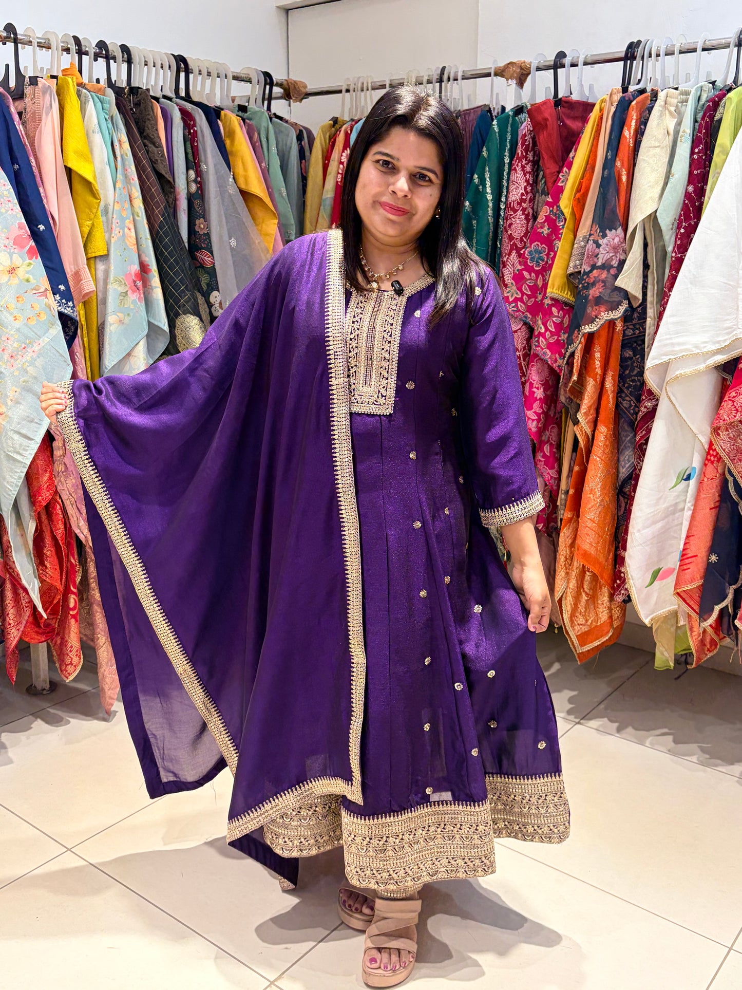 Jamli Purple Straight 3-Piece Suit with Diamond Work on Neck, Bottom & Sleeves