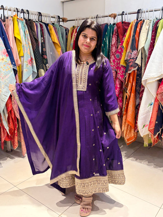 Jamli Purple Straight 3-Piece Suit with Diamond Work on Neck, Bottom & Sleeves