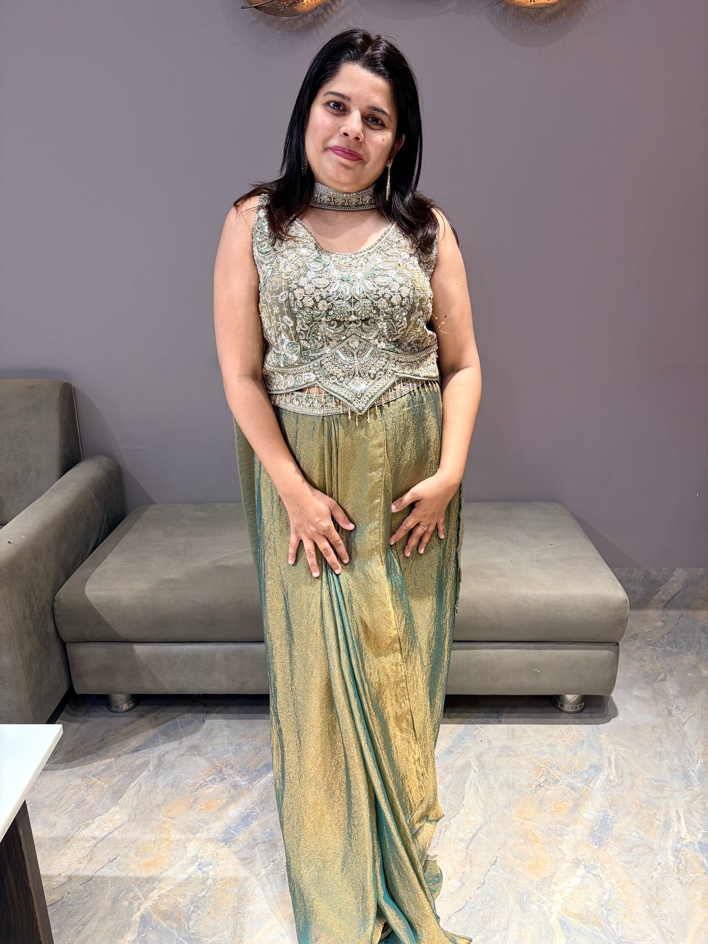 Green Tissue Silk Indowestern