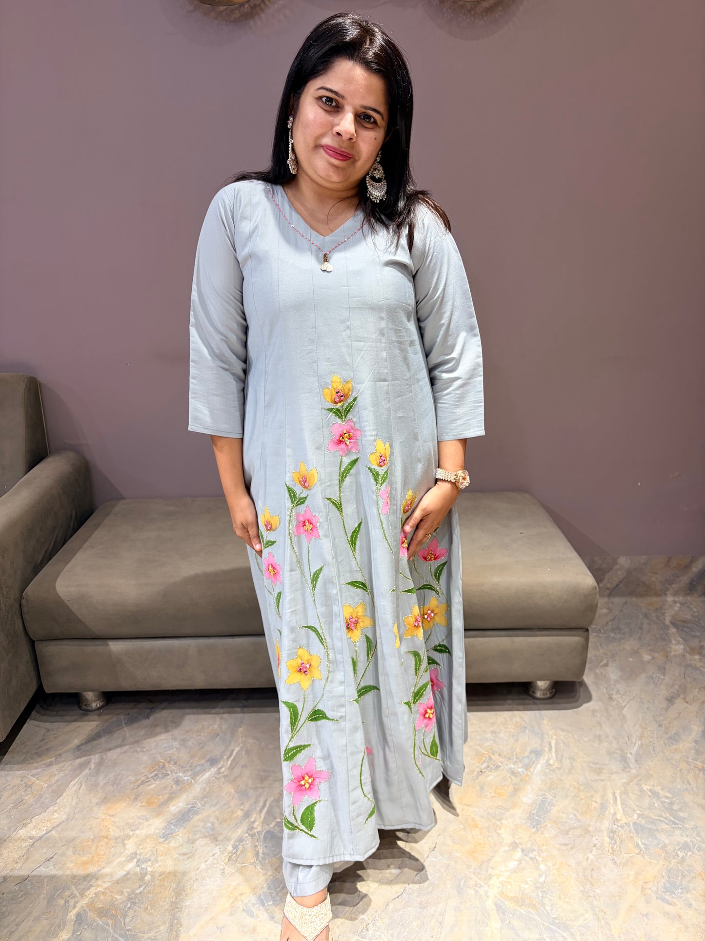 Ash Grey Color Designer Brush Paint Anarkali Suit