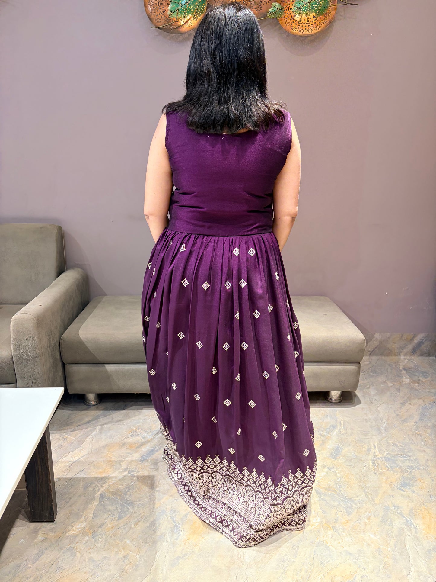 Wine Color Sequence Work One piece Gown