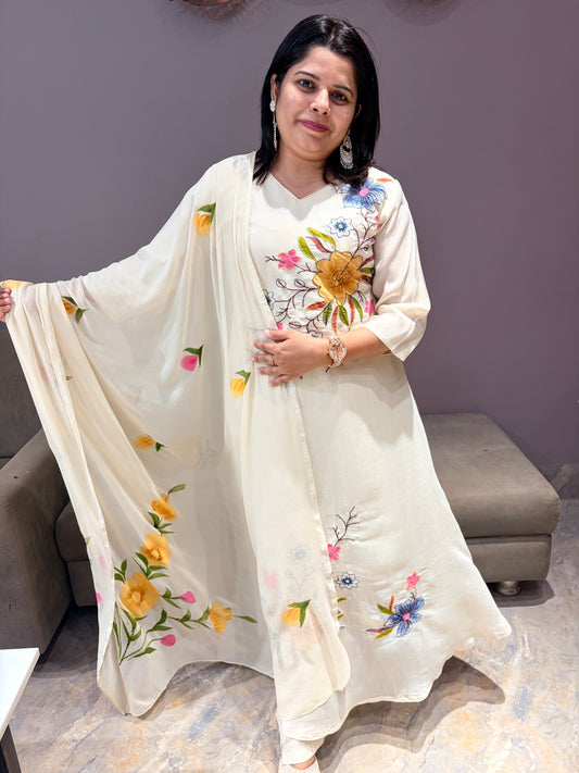 Cream Color Pure Mul Cotton Aline Designer Sujt