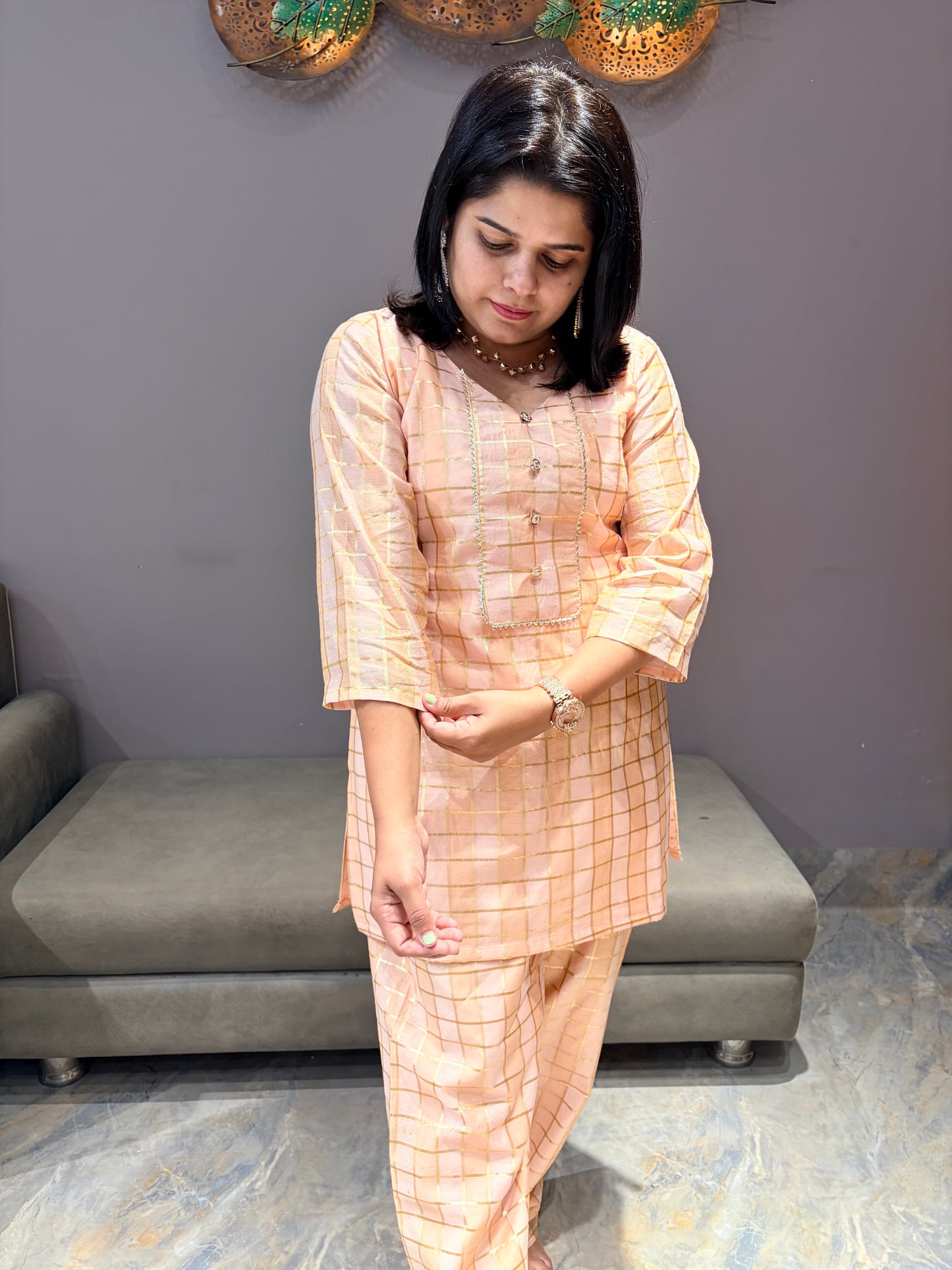 Peach color Pure Banarasi Mul Chanderi Fabric Cord set