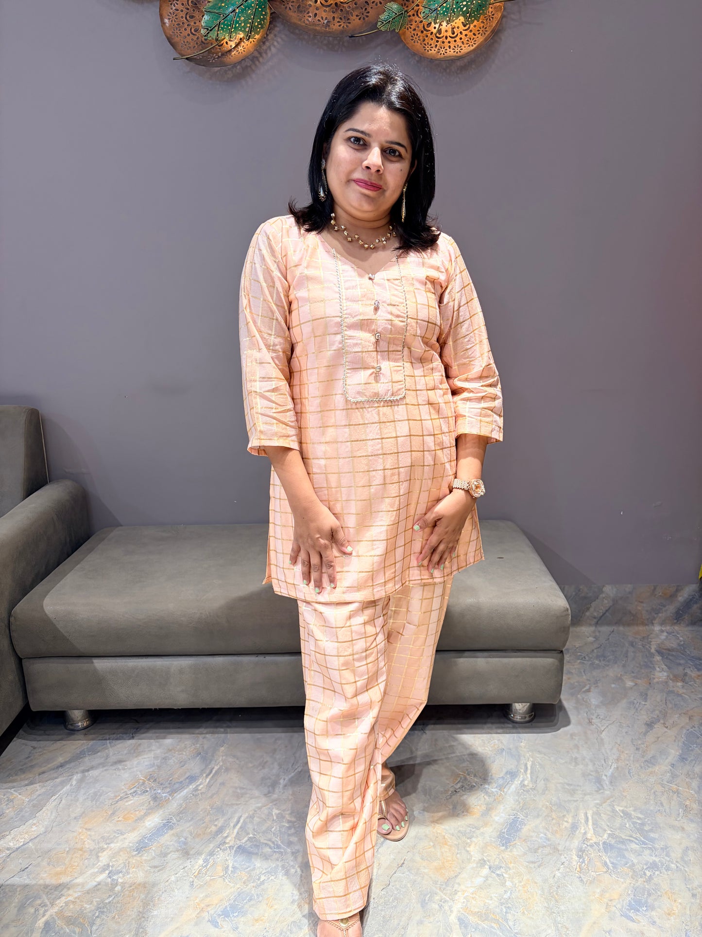 Peach color Pure Banarasi Mul Chanderi Fabric Cord set