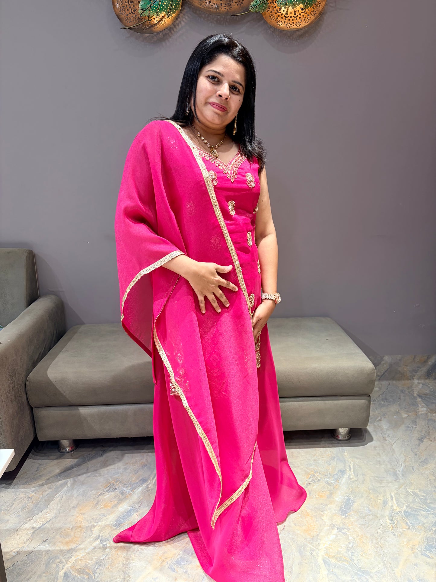 Rani Pink Beads Work Party Wear Plazo set