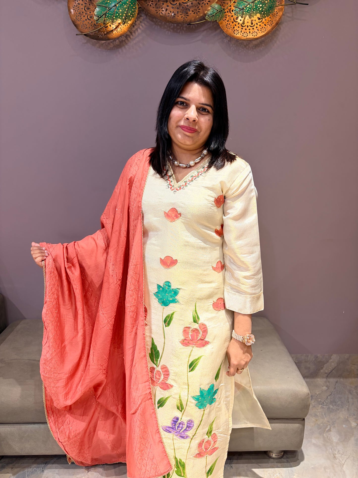 Beige Tissue Silk Digital Print 3-Piece Suit – Floral Brush Paint