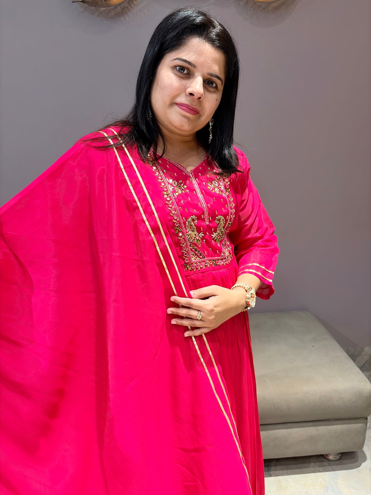 Hot Pink Pure Mull 3 pc Designer Suit