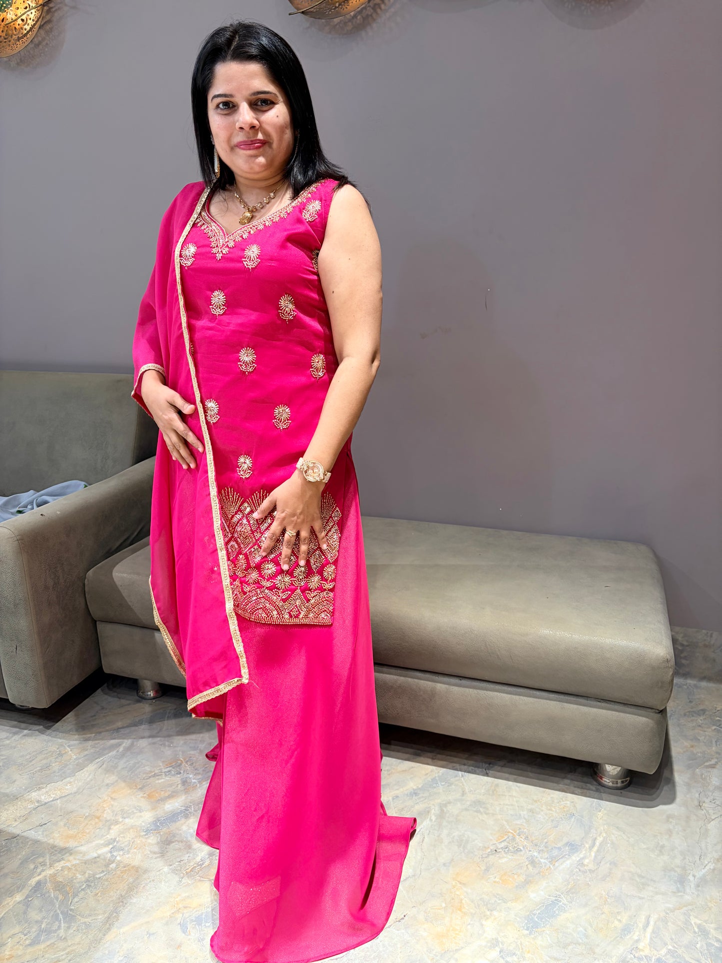 Rani Pink Beads Work Party Wear Plazo set