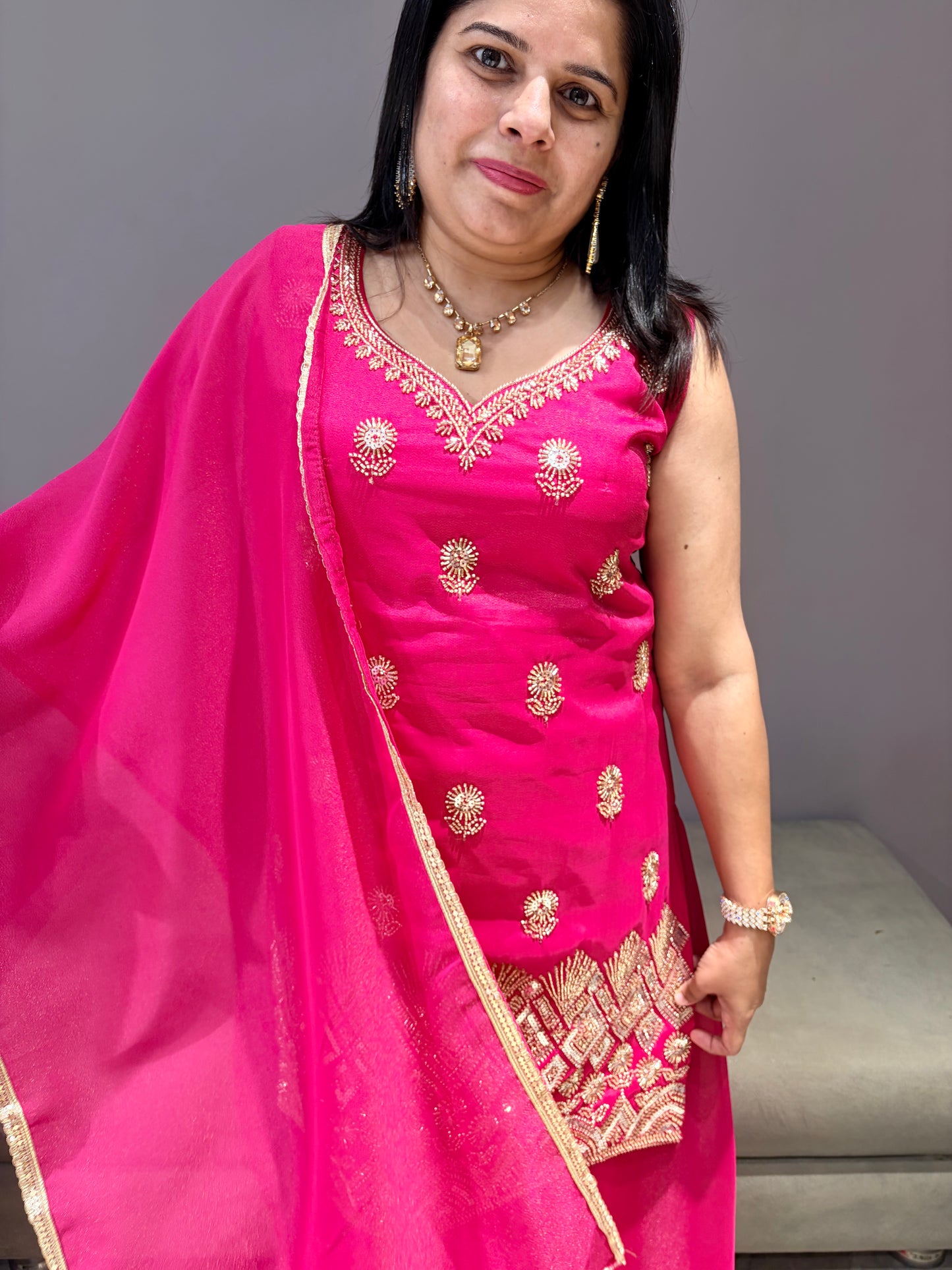 Rani Pink Beads Work Party Wear Plazo set