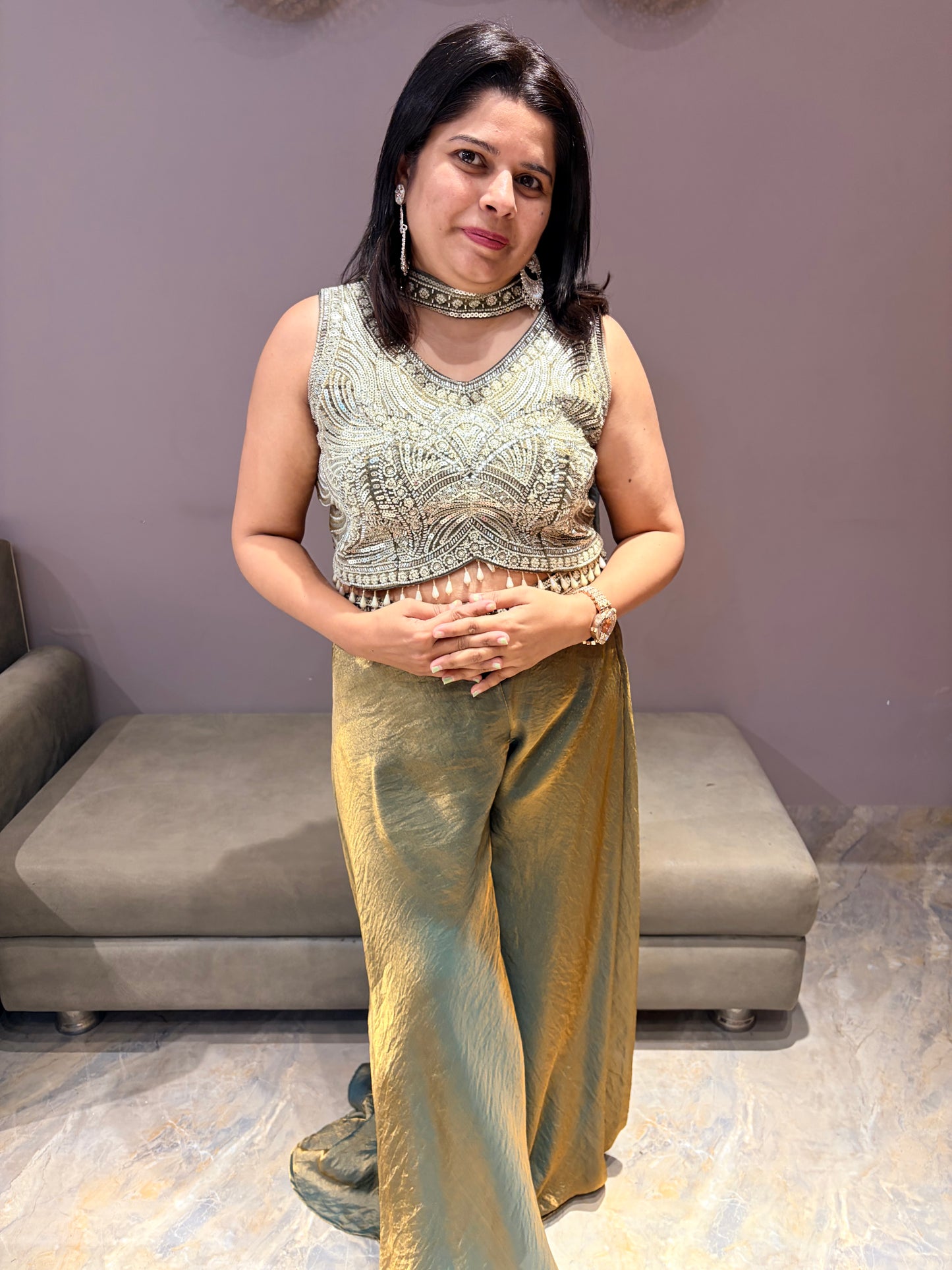 Pure Glass Tissue Beads Work Choli Plazo Set