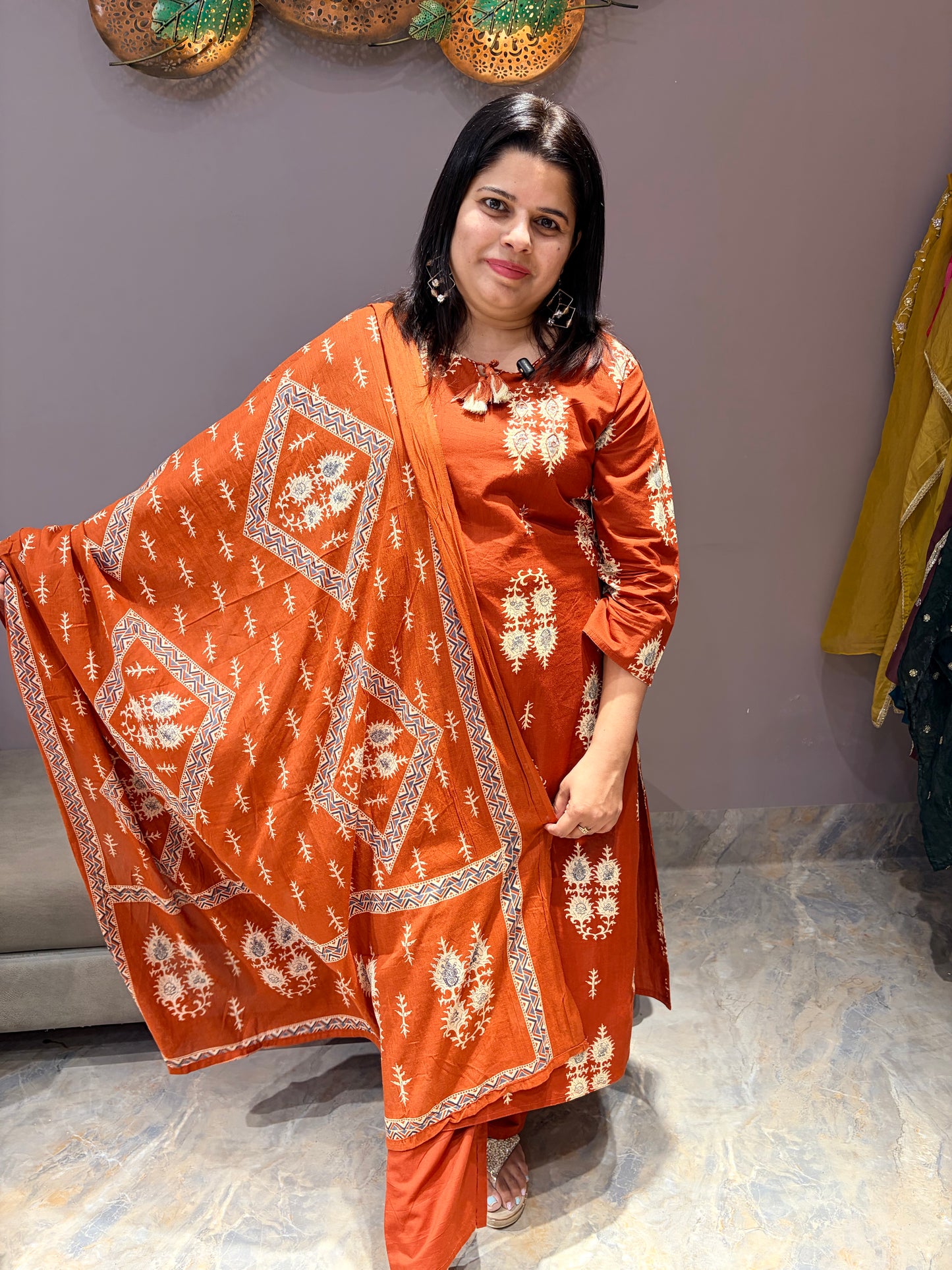 Rust Color Pure Jaipuri Fancy Cotton Suit with Mirror Work