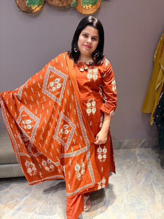Rust Color Pure Jaipuri Fancy Cotton Suit with Mirror Work