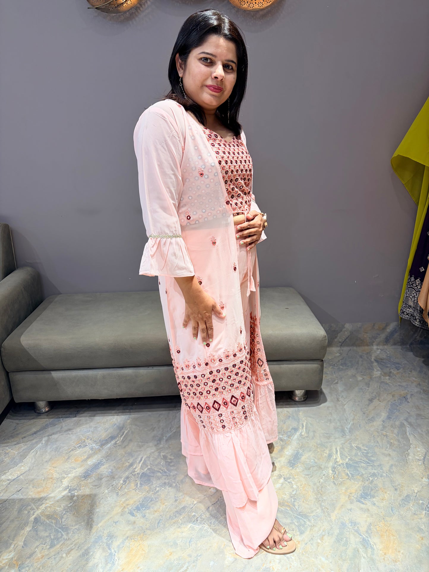 Peach Indo western Choli Plazo Jacket Style