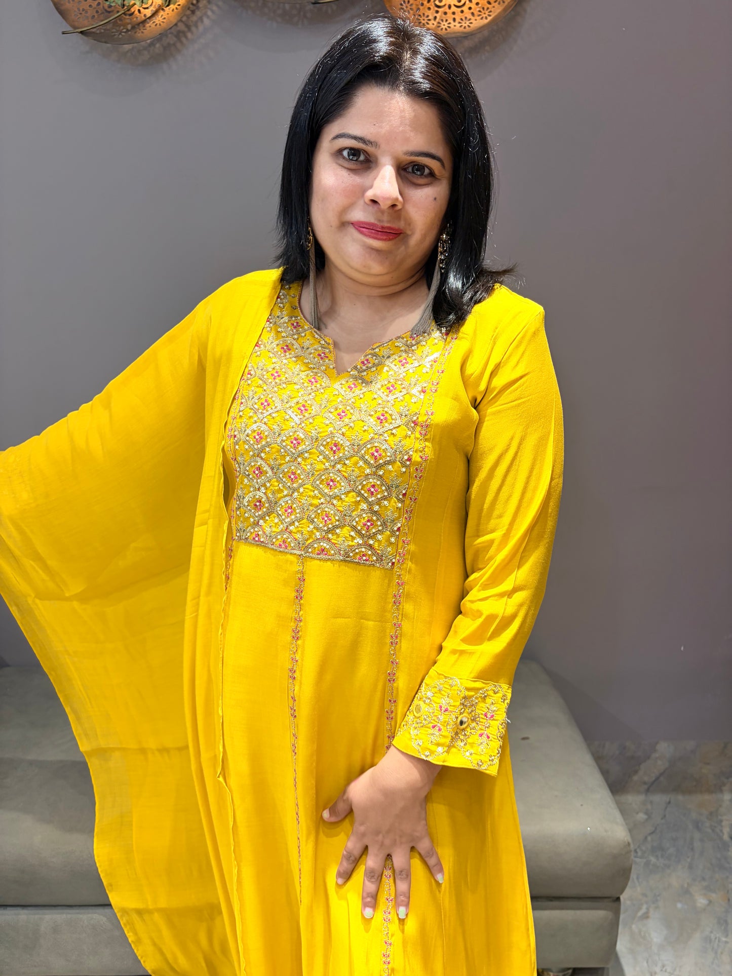 Liril Yellow Pure Mul Chanderi Anarkali Designer Suit