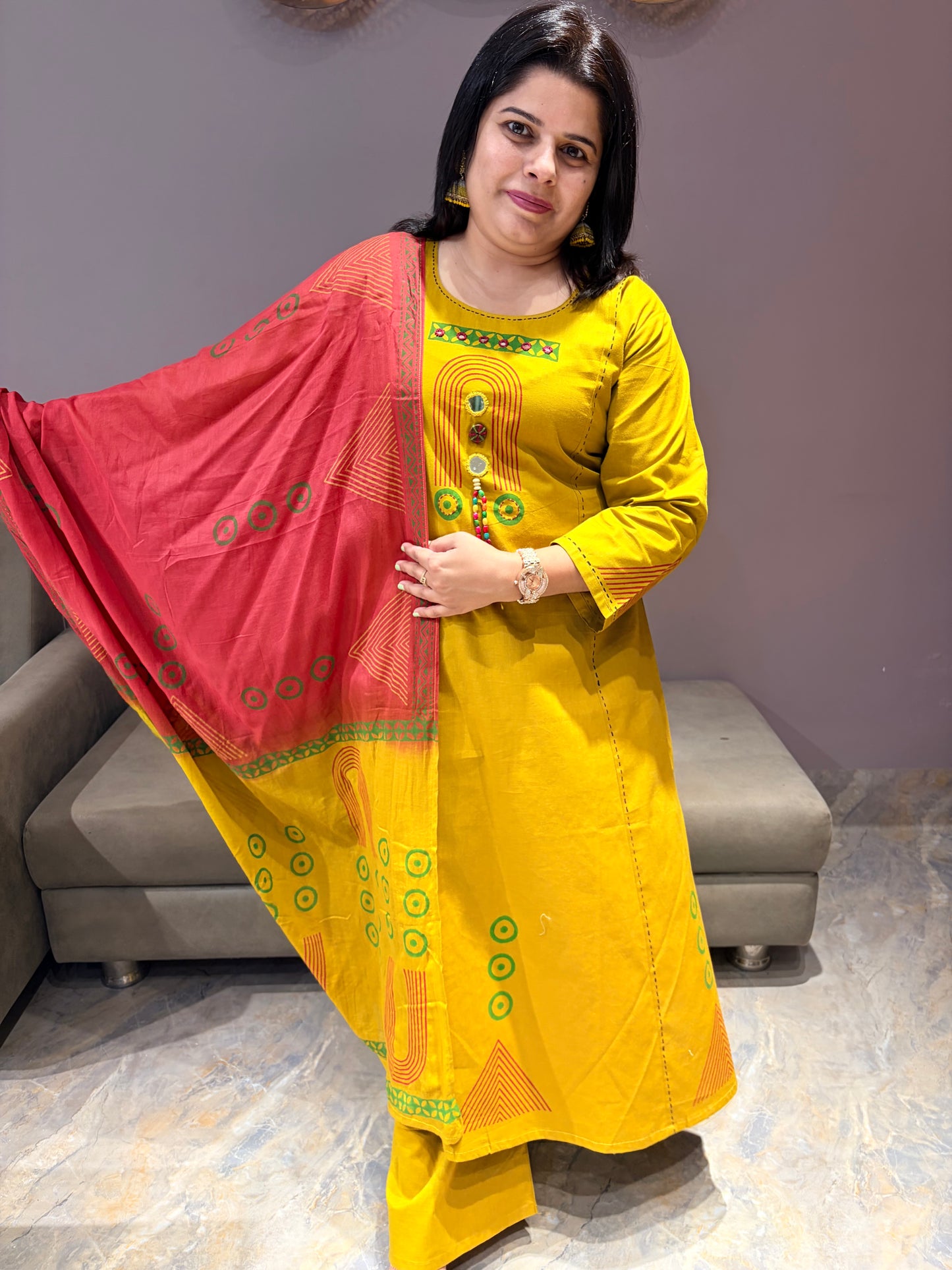 Pure Jaipuri Cotton Aline Designer Yellow and Red Suit