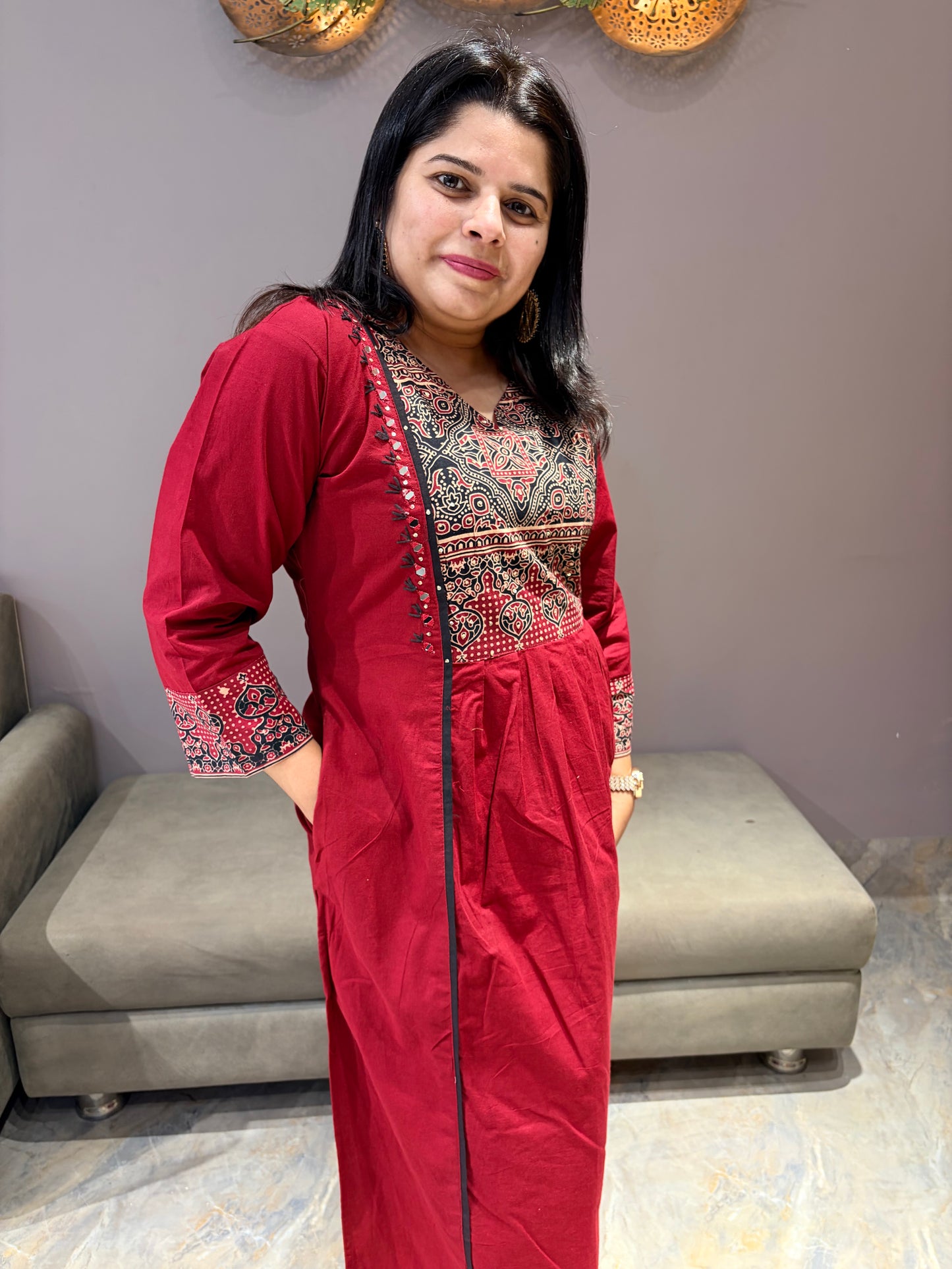 Marron Pure Jaipuri Cotton Aline Suit