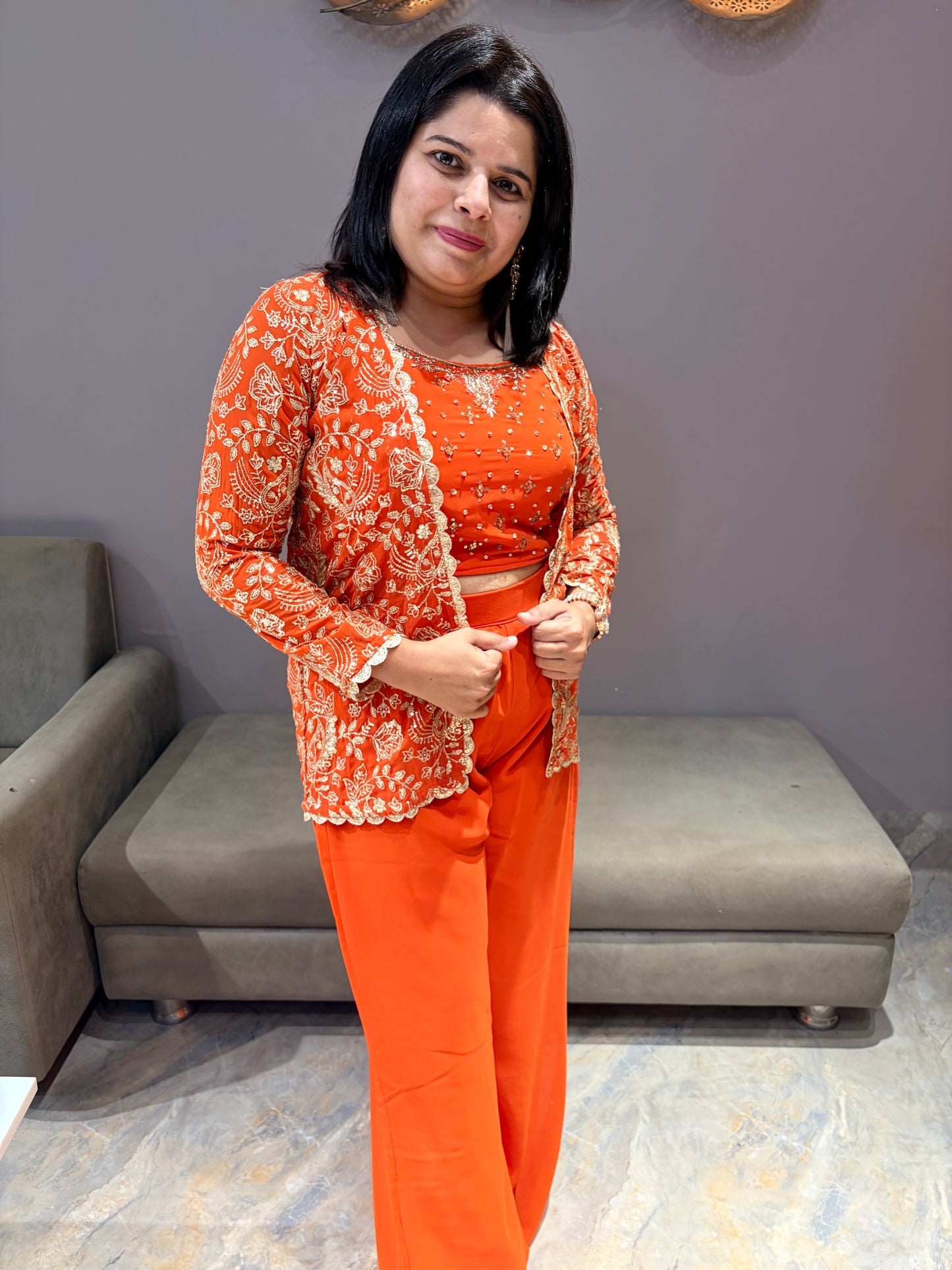 Rust Orange Designer Indo Western Choli plazo