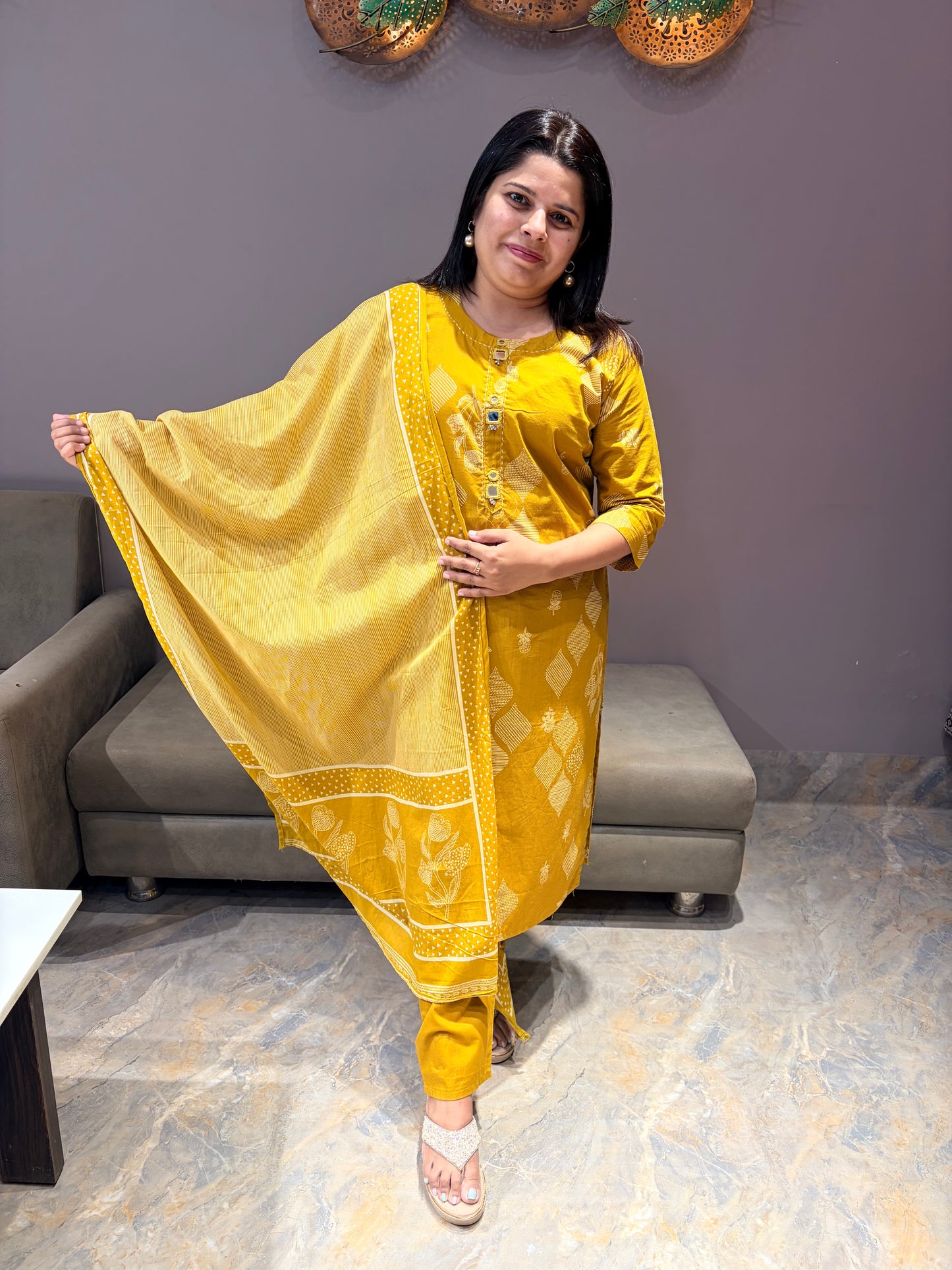Yellow Gold Pure Jaipuri Cotton Suit