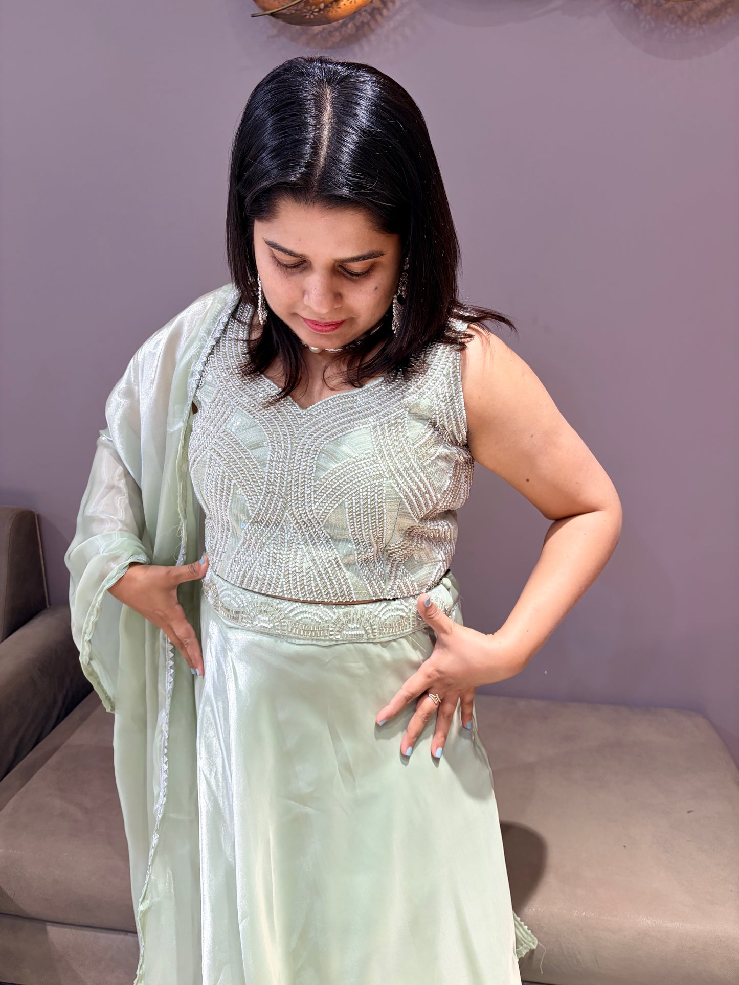 Pista Green Tissue Silk Choli with Beads Handwork