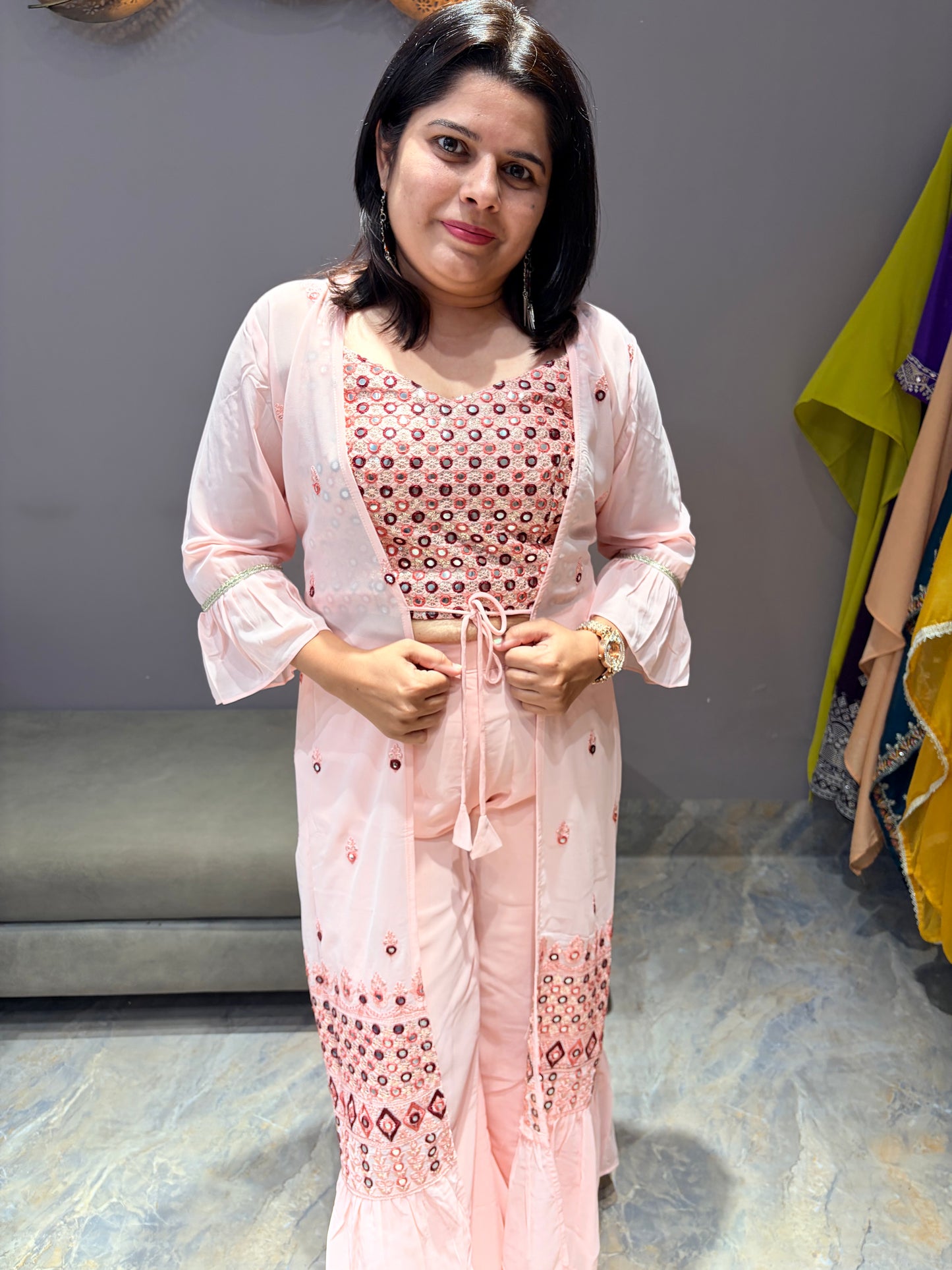 Peach Indo western Choli Plazo Jacket Style