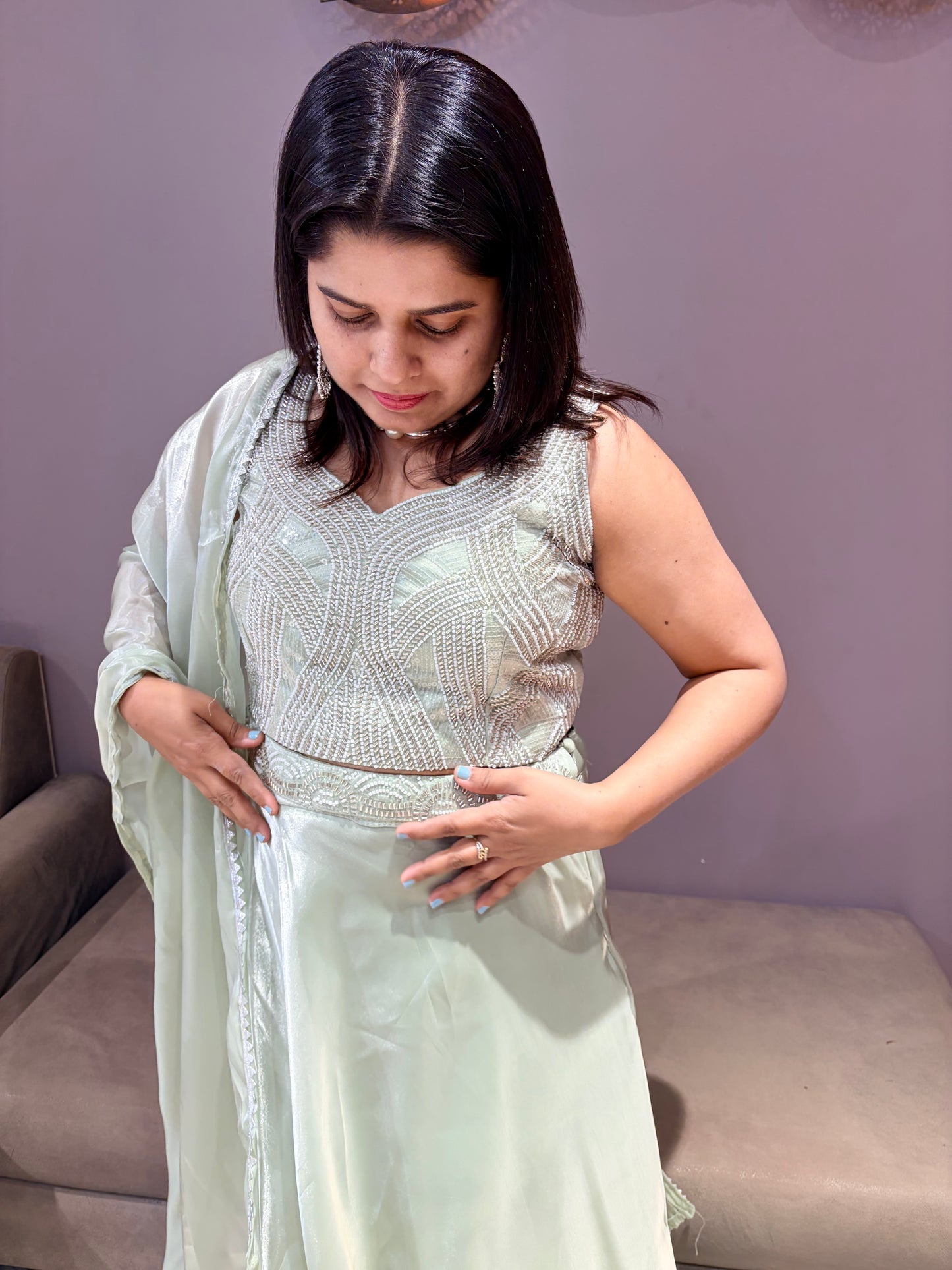 Pista Green Tissue Silk Choli with Beads Handwork