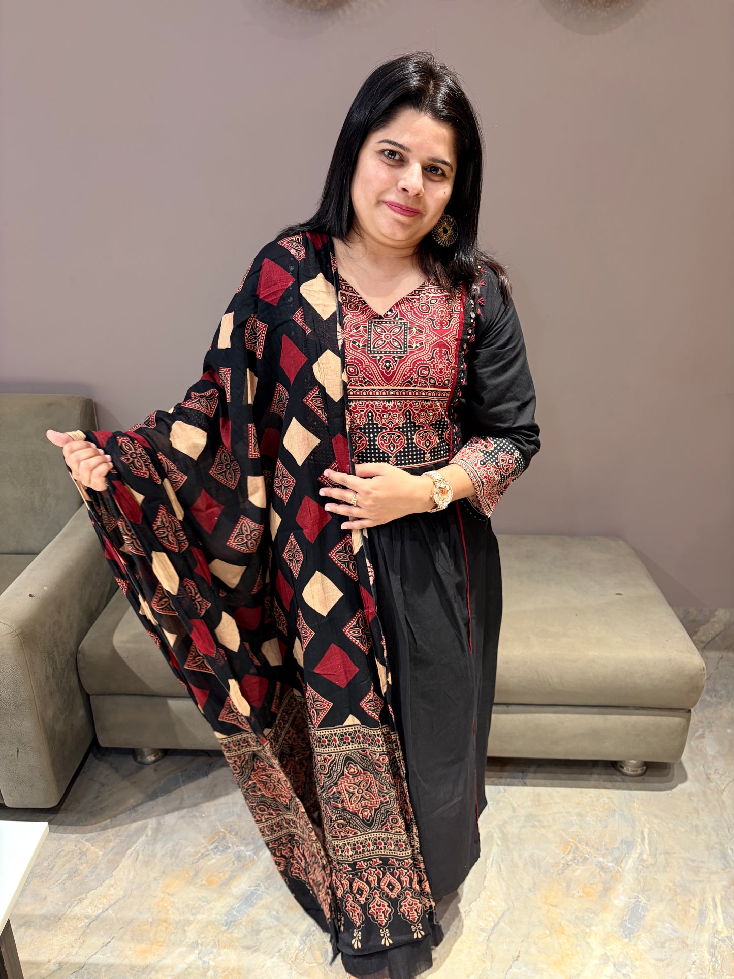 Black Pure Jaipuri Cotton Aline Suit