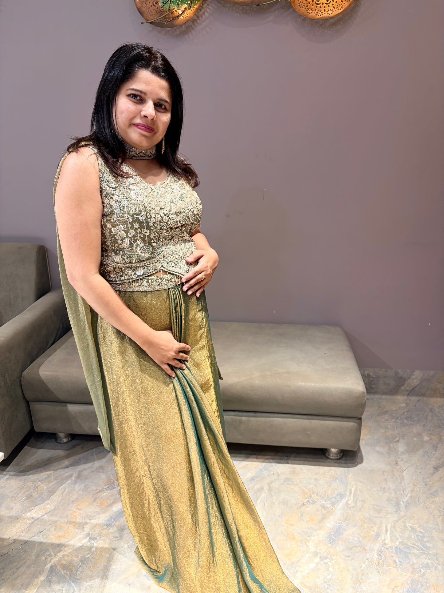 Green Tissue Silk Indowestern