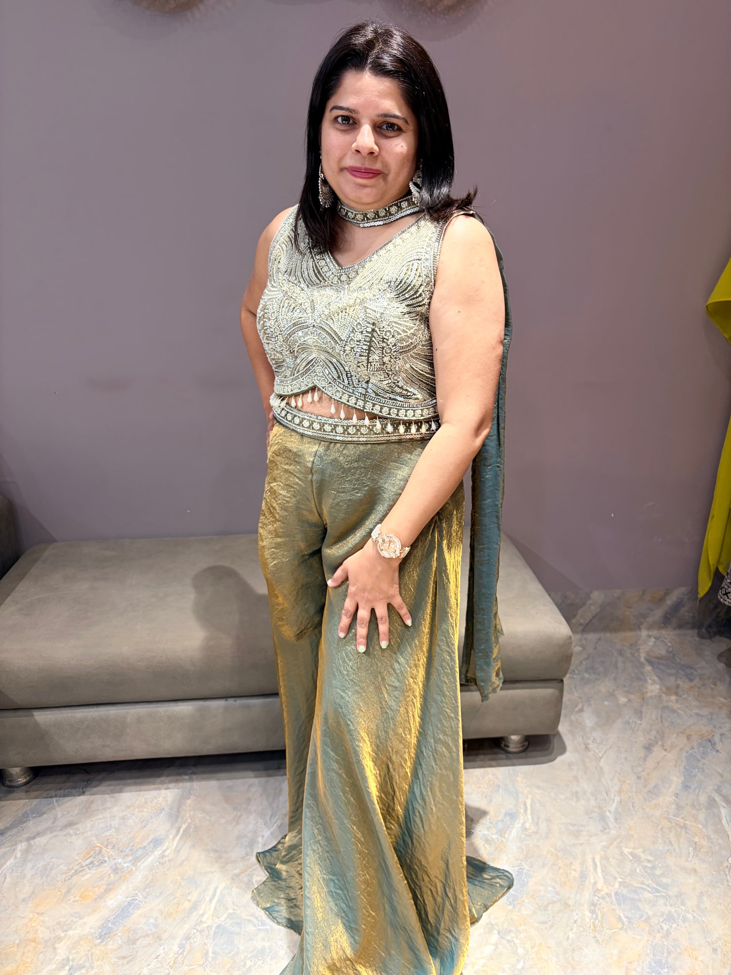 Pure Glass Tissue Beads Work Choli Plazo Set