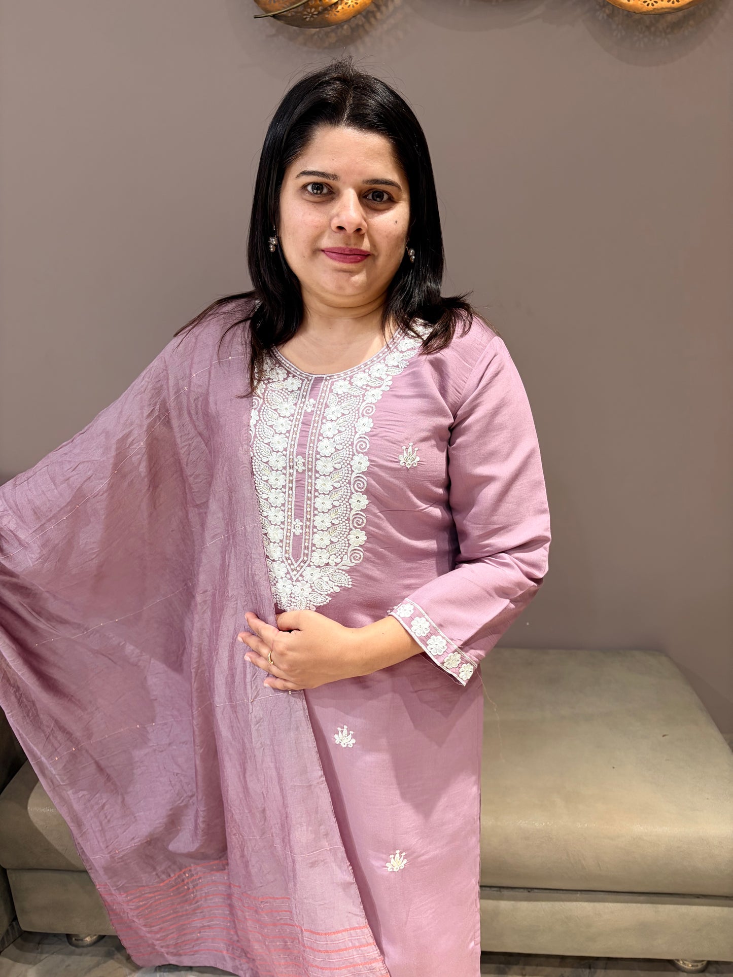 Onion Pink Cotton Silk Lucknowi Work 3-Piece Suit