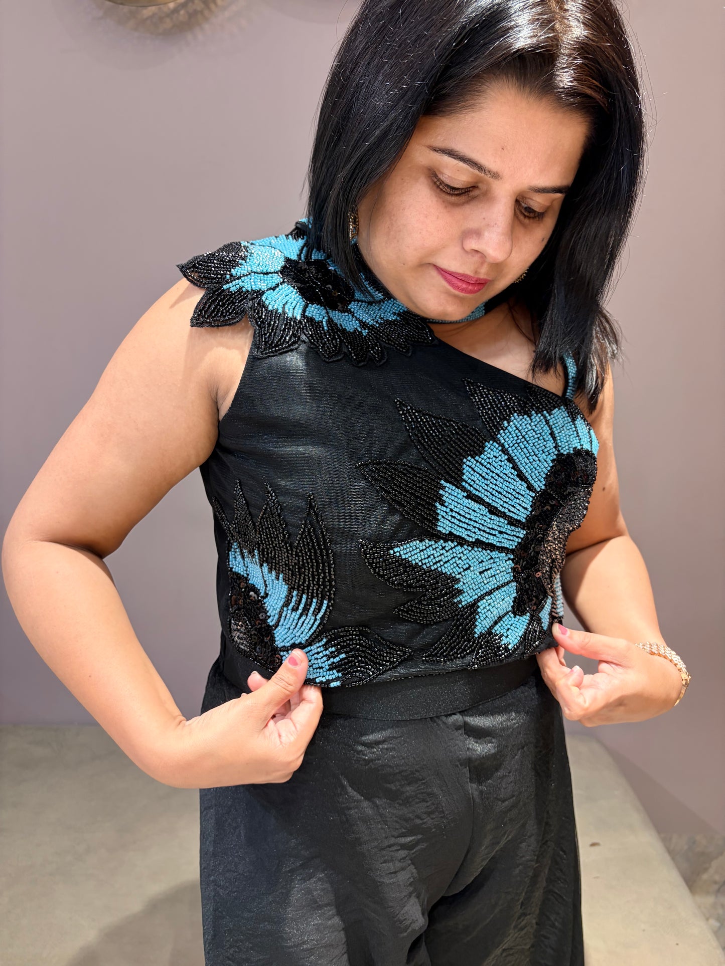 Designer Black One Side Spetity Indo western With Beads Work