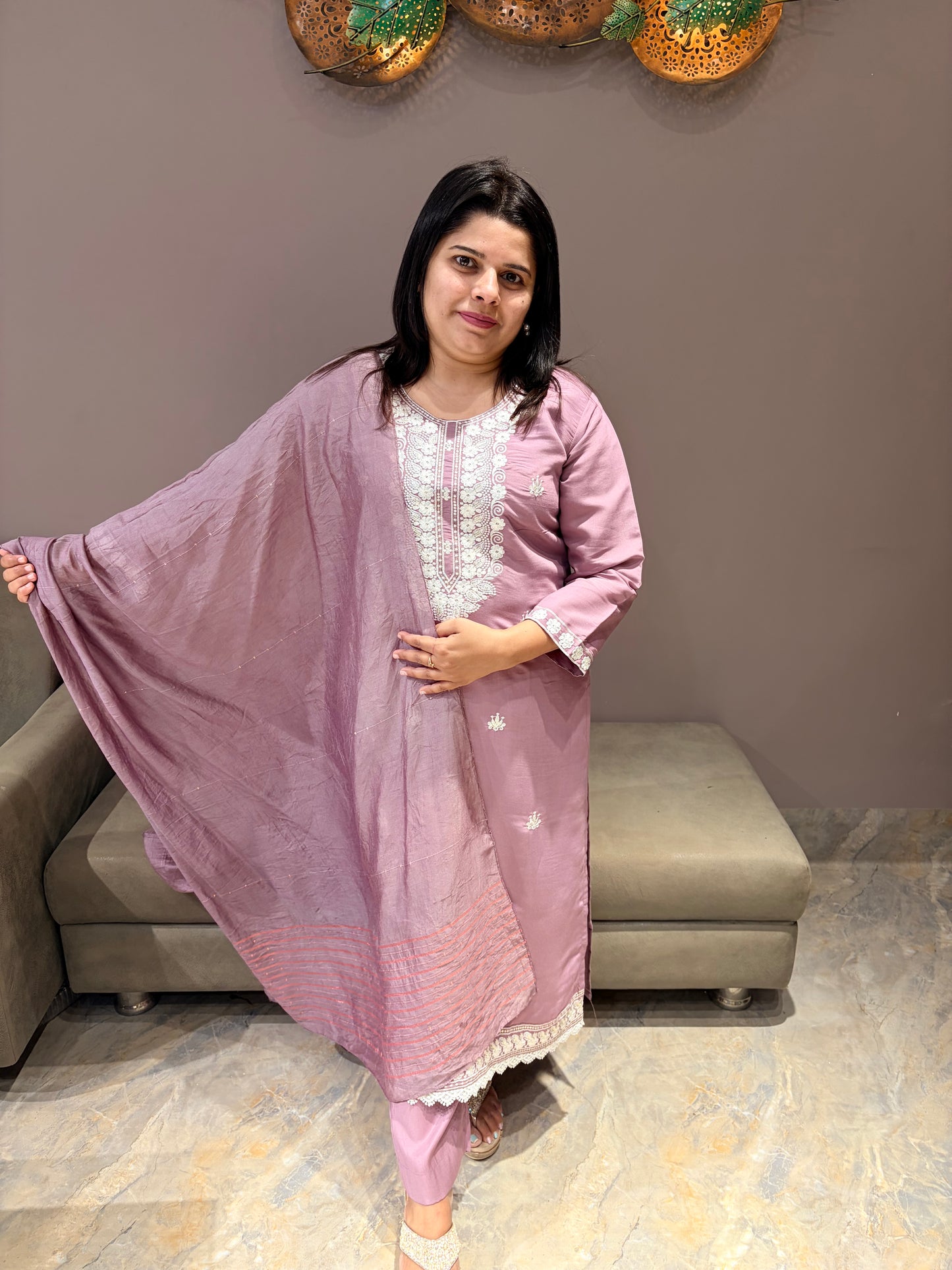 Onion Pink Cotton Silk Lucknowi Work 3-Piece Suit