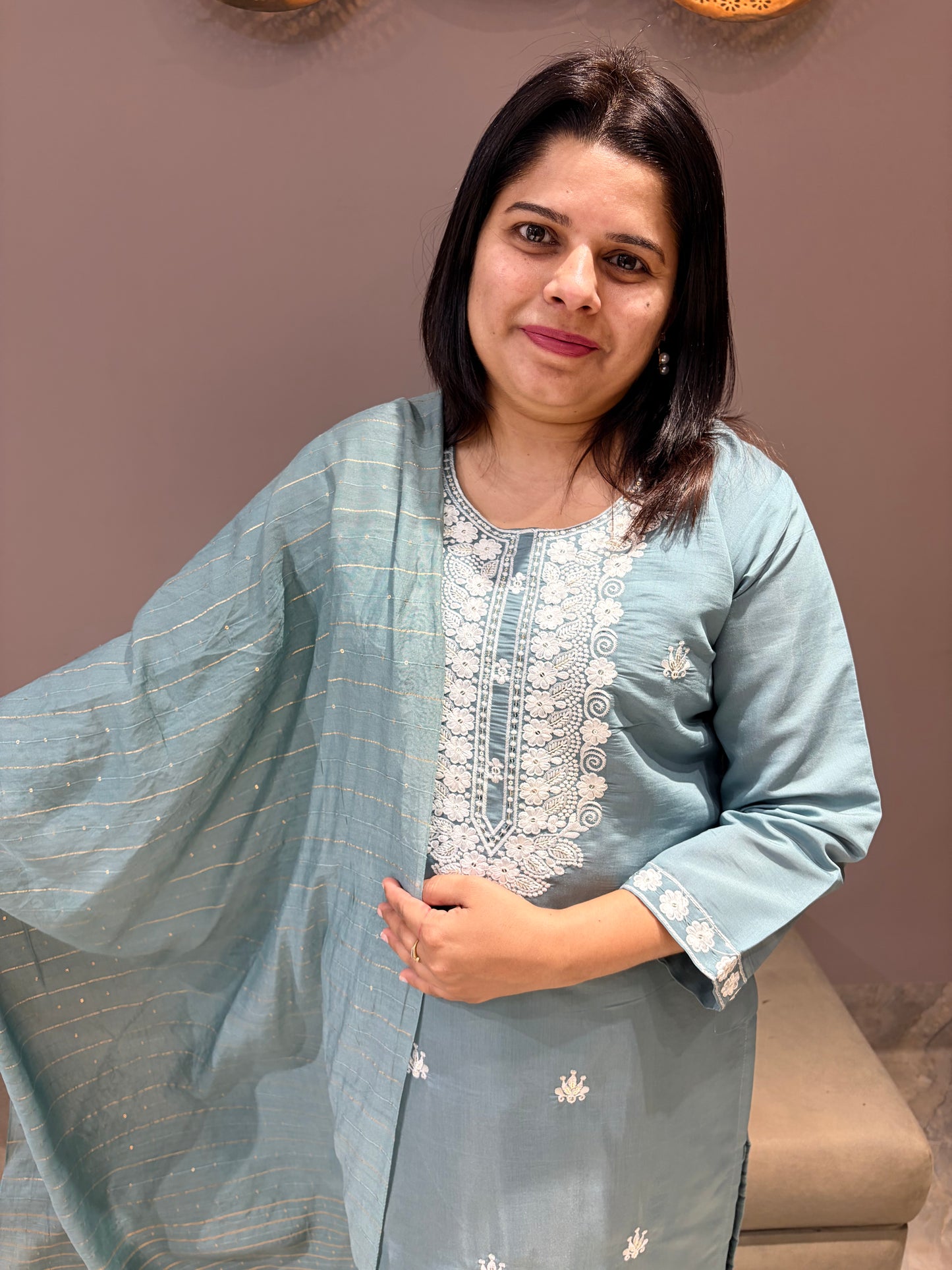 Pastel Sky Blue Cotton Silk 3-Piece Suit