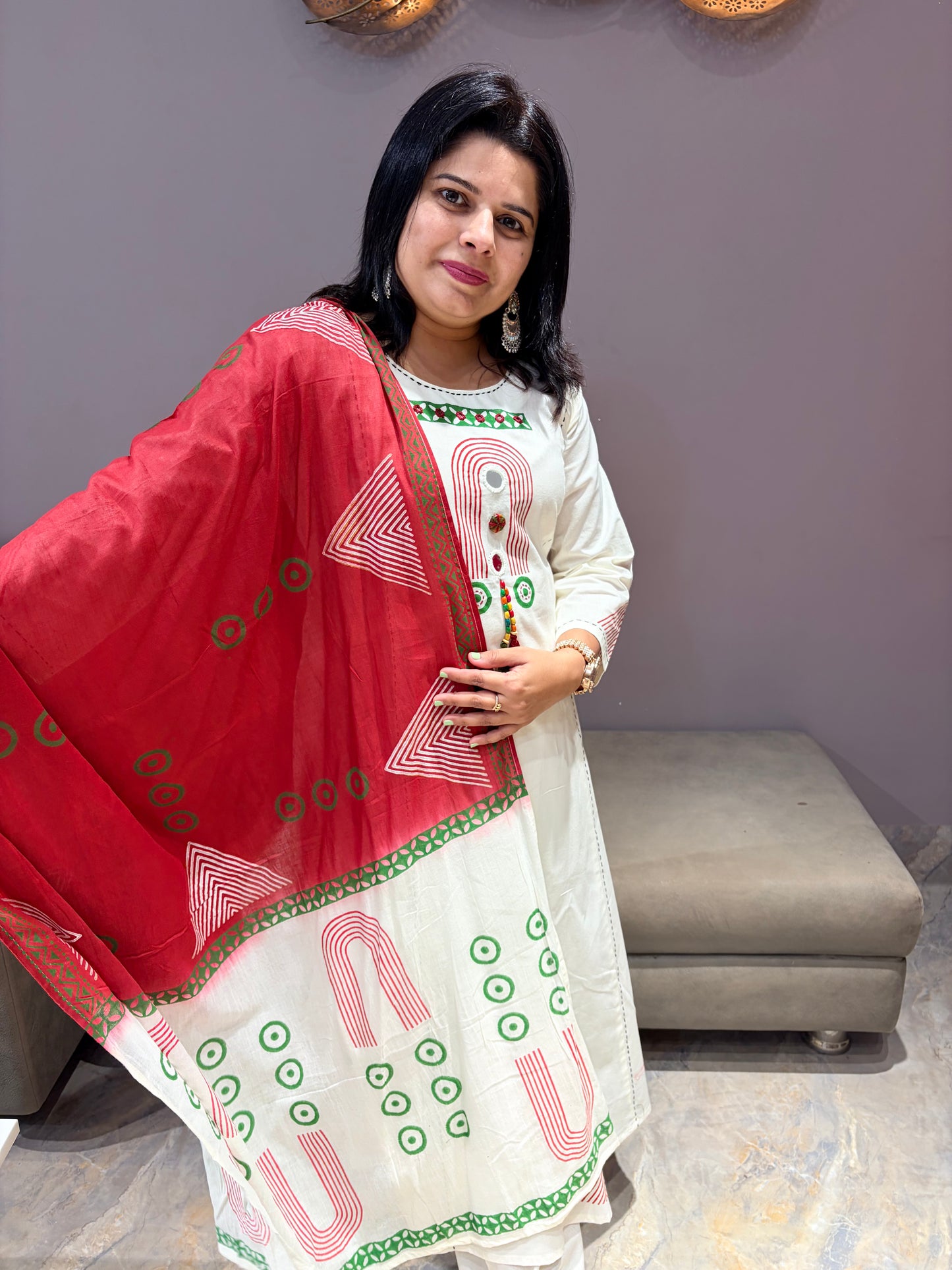 Pure Jaipuri Cotton Premium Aline Cotton White and Red Suit