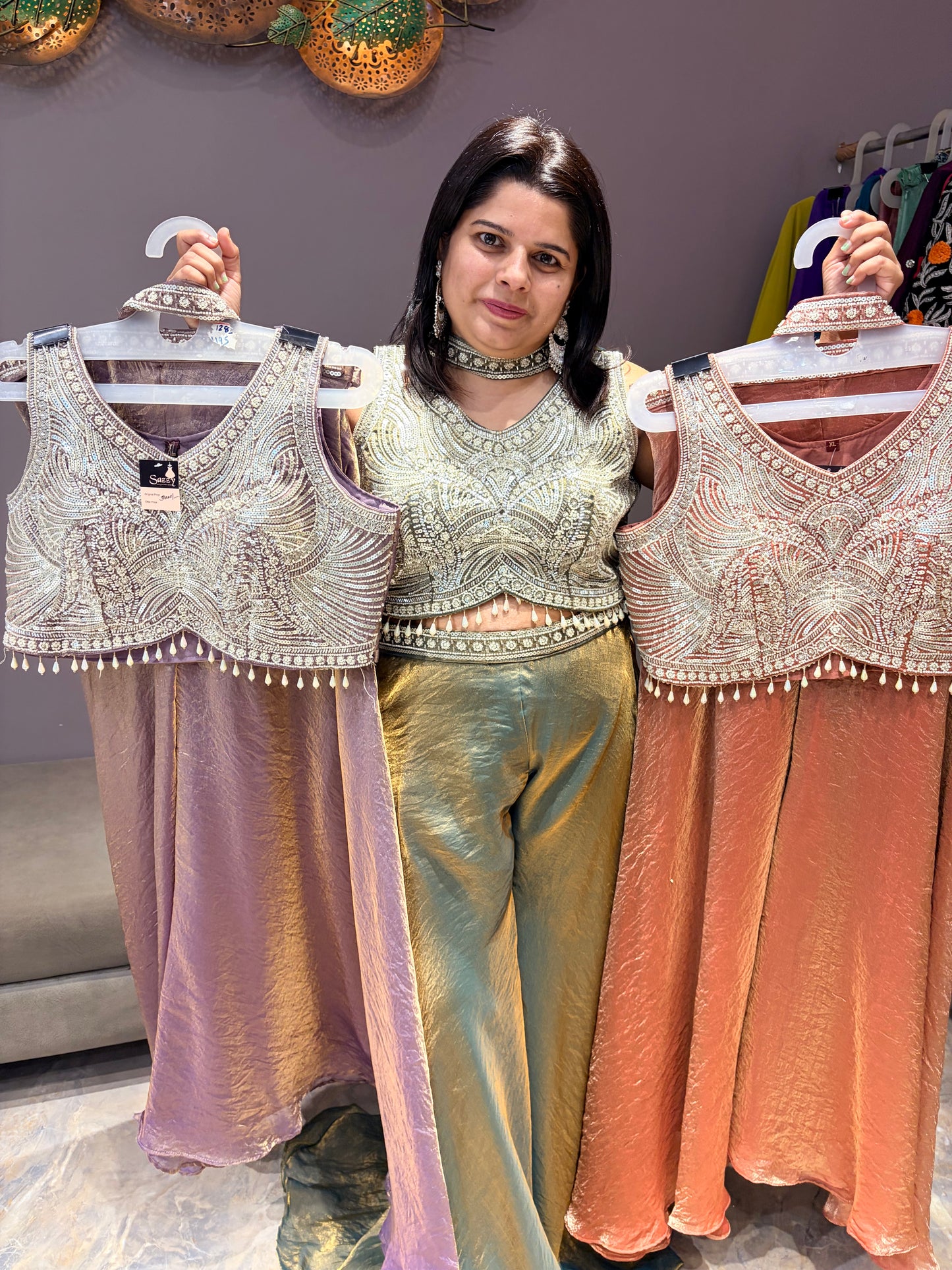 Pure Glass Tissue Beads Work Choli Plazo Set
