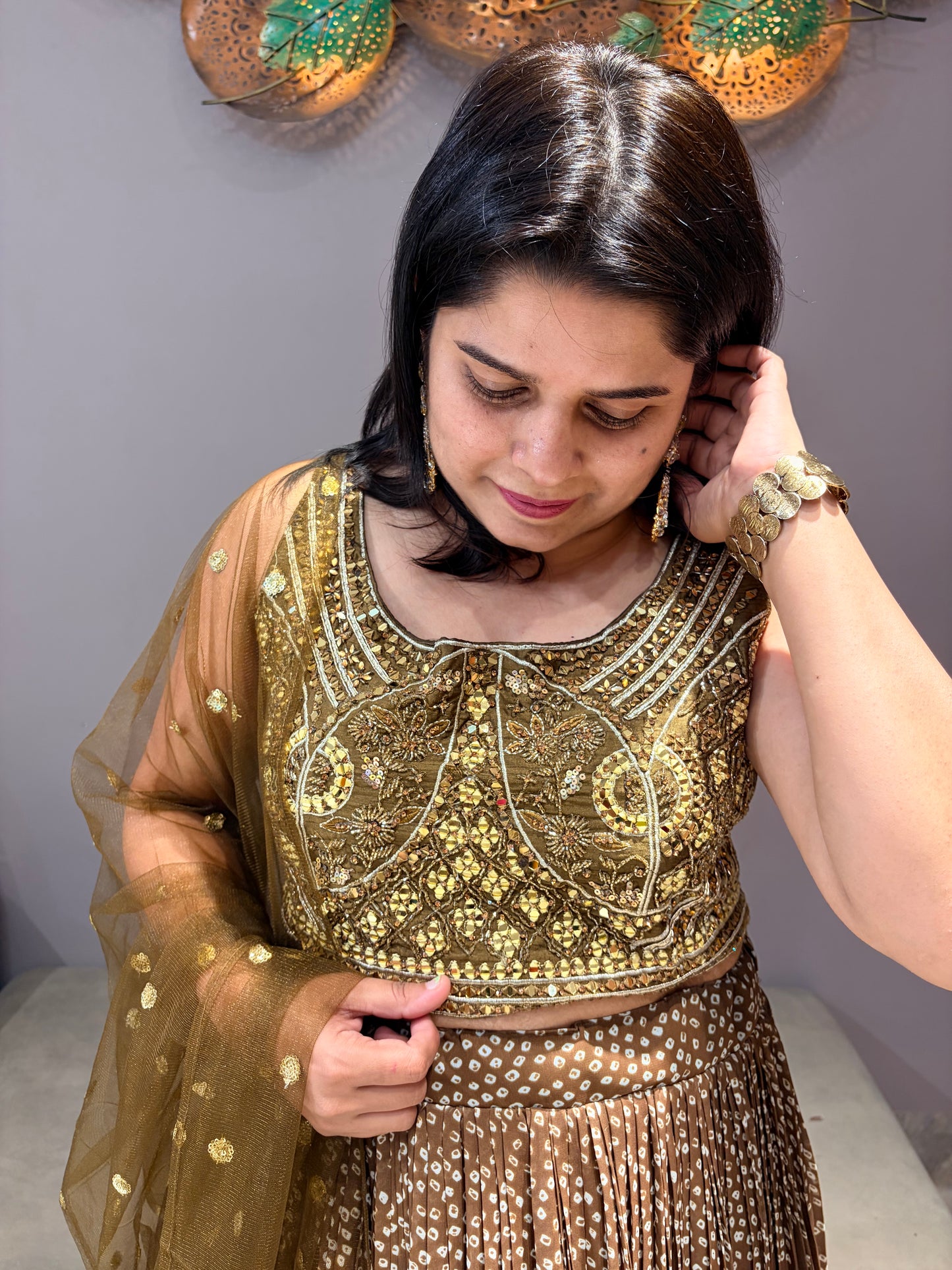 Coffee Bandhni With Sequence Work Heavy Designer Choli With Mirror Work