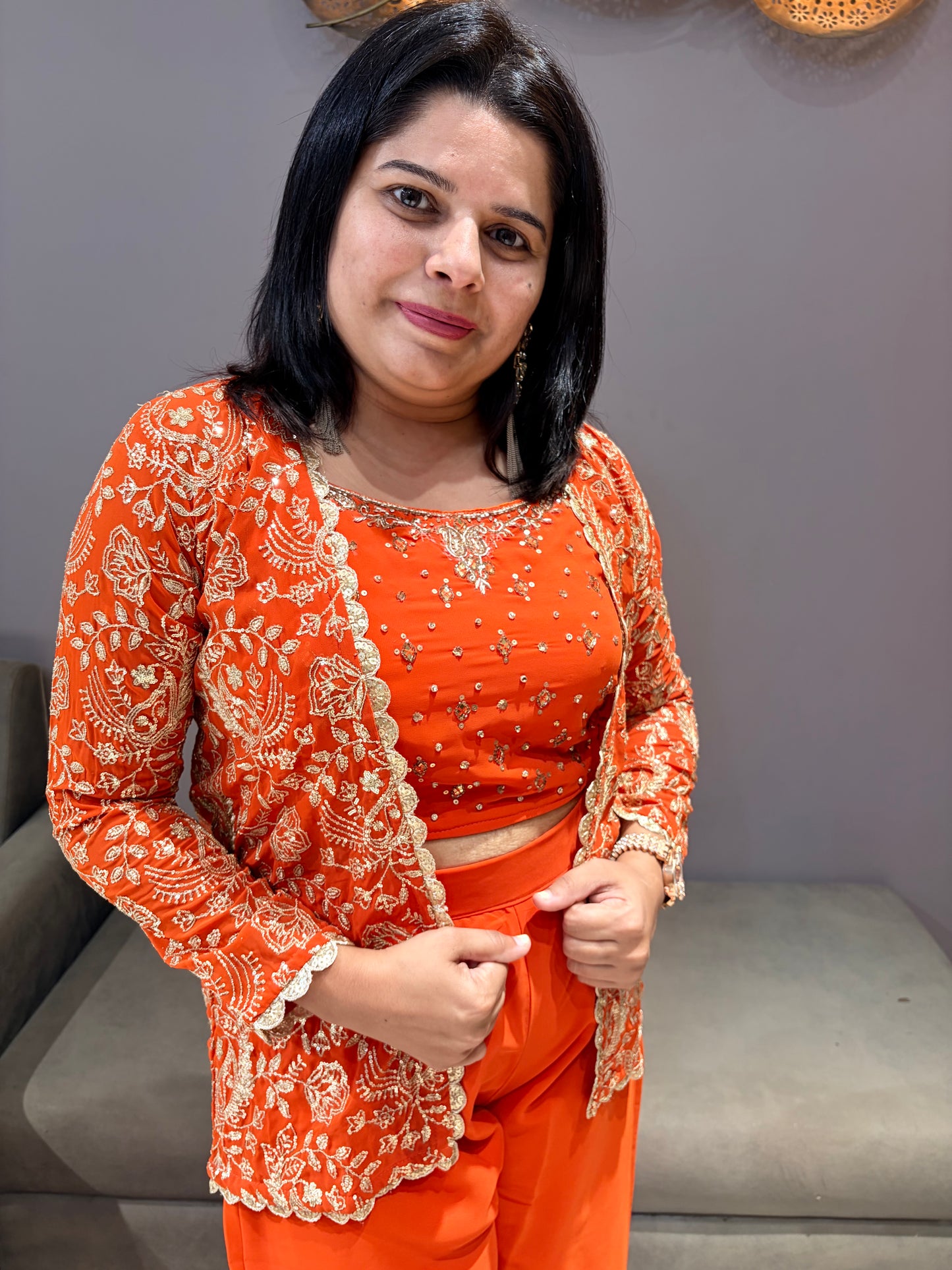 Rust Orange Designer Indo Western Choli plazo