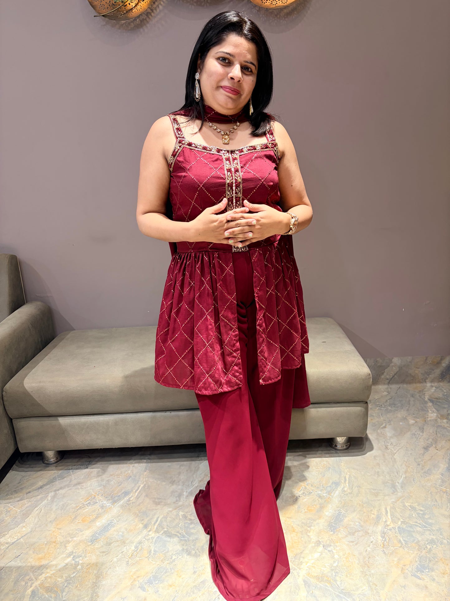 Maroon Spegity Indo Western With Plazo