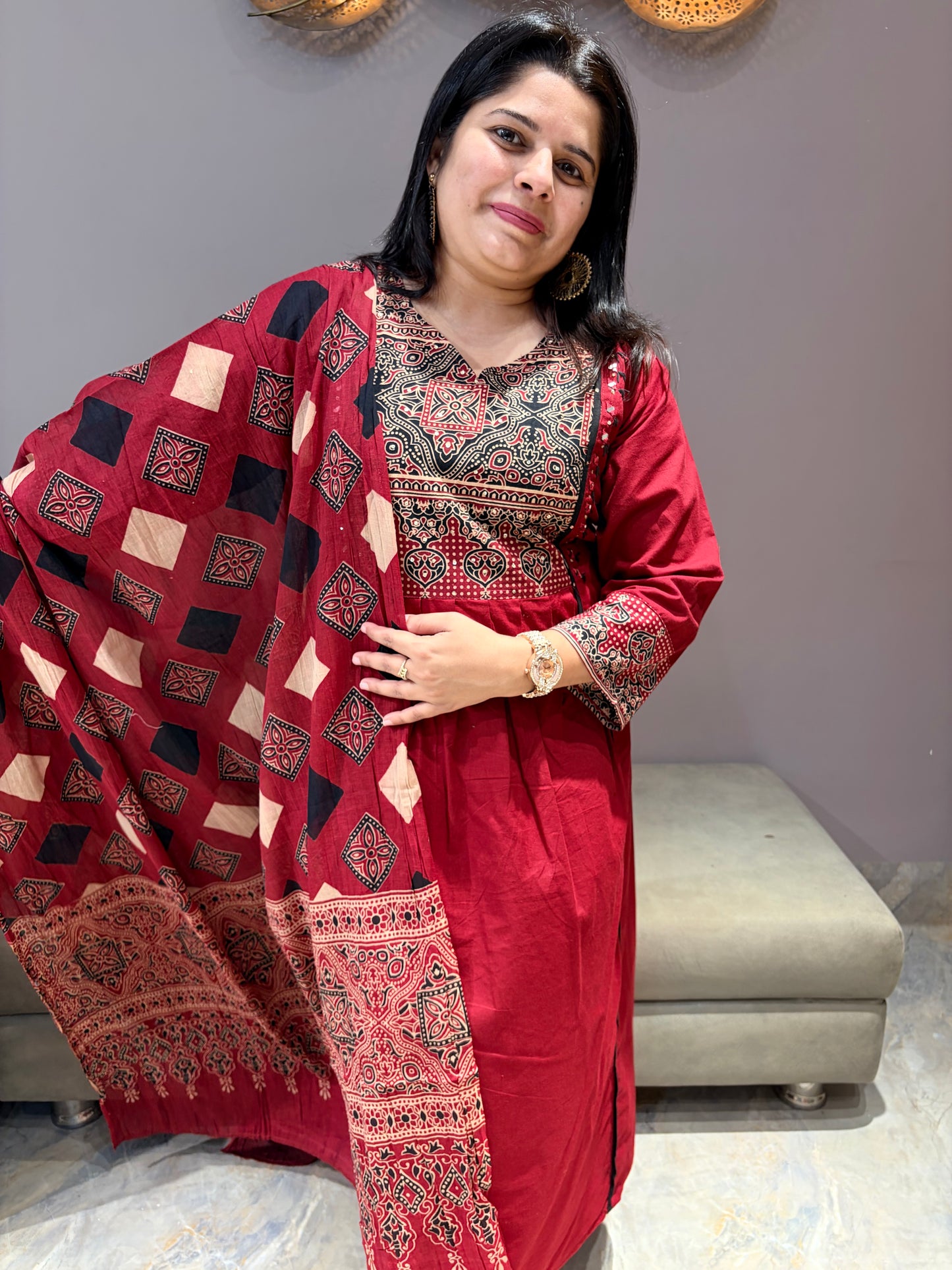 Marron Pure Jaipuri Cotton Aline Suit