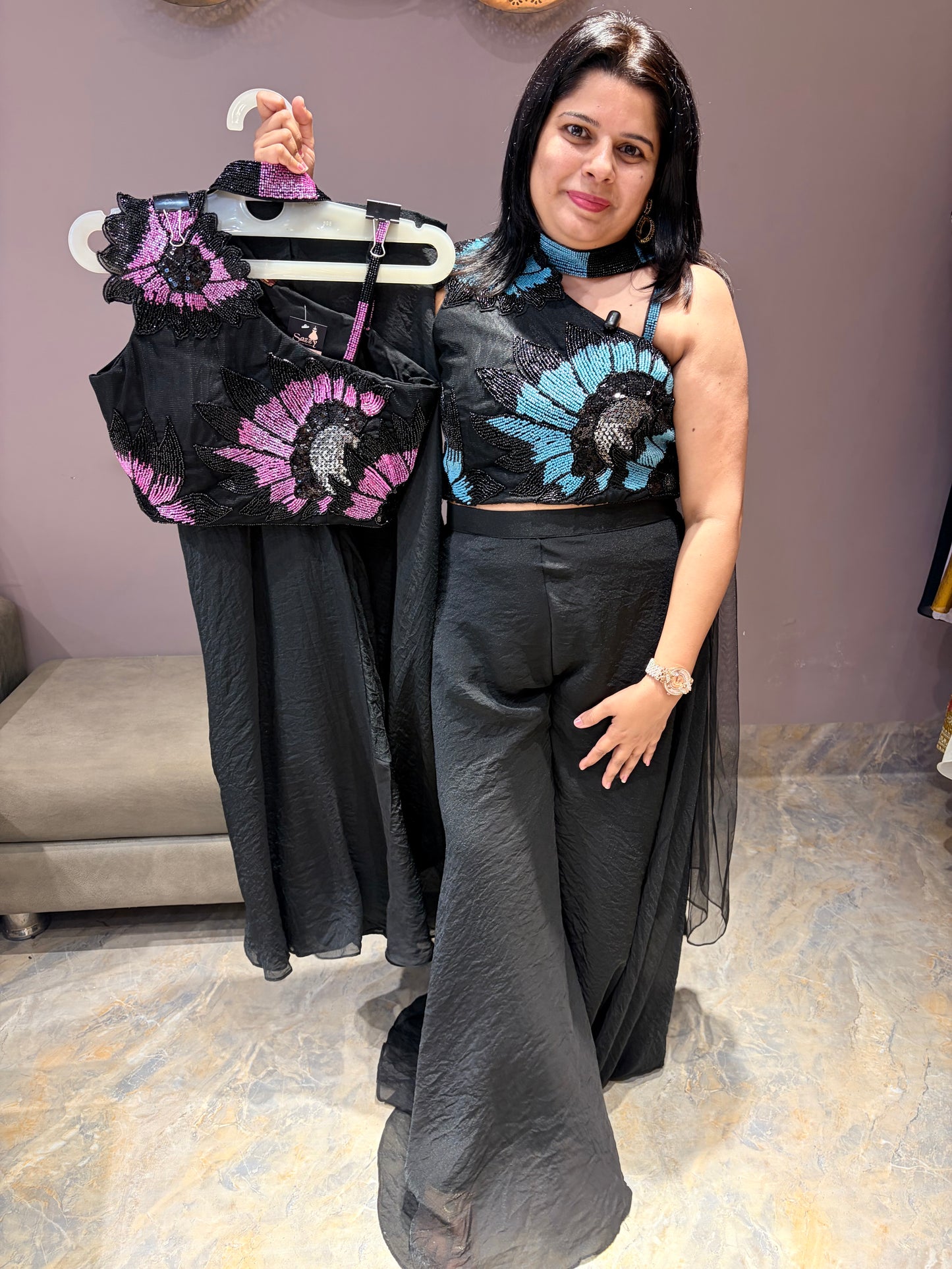Designer Black One Side Spetity Indo western With Beads Work