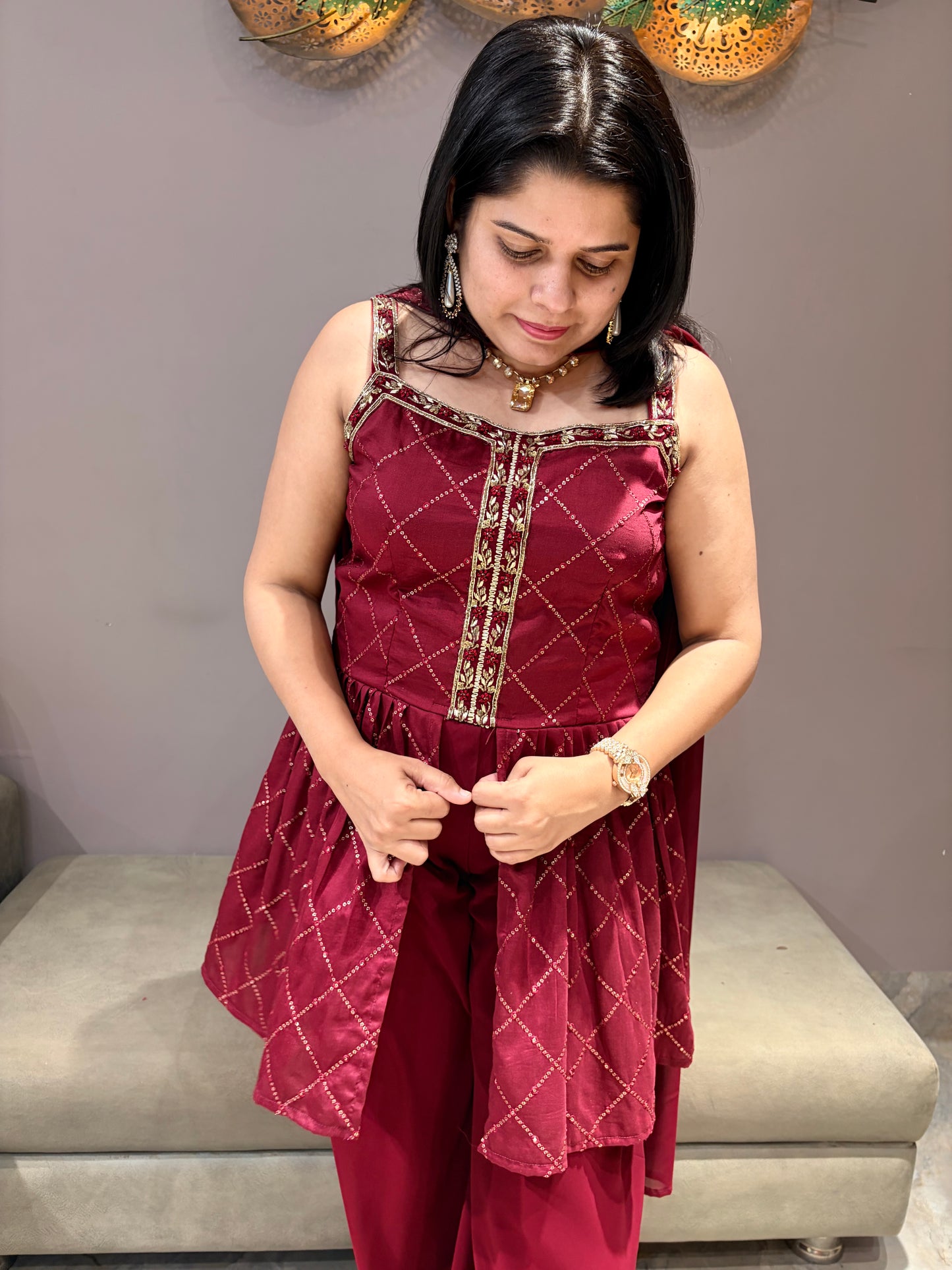 Maroon Spegity Indo Western With Plazo