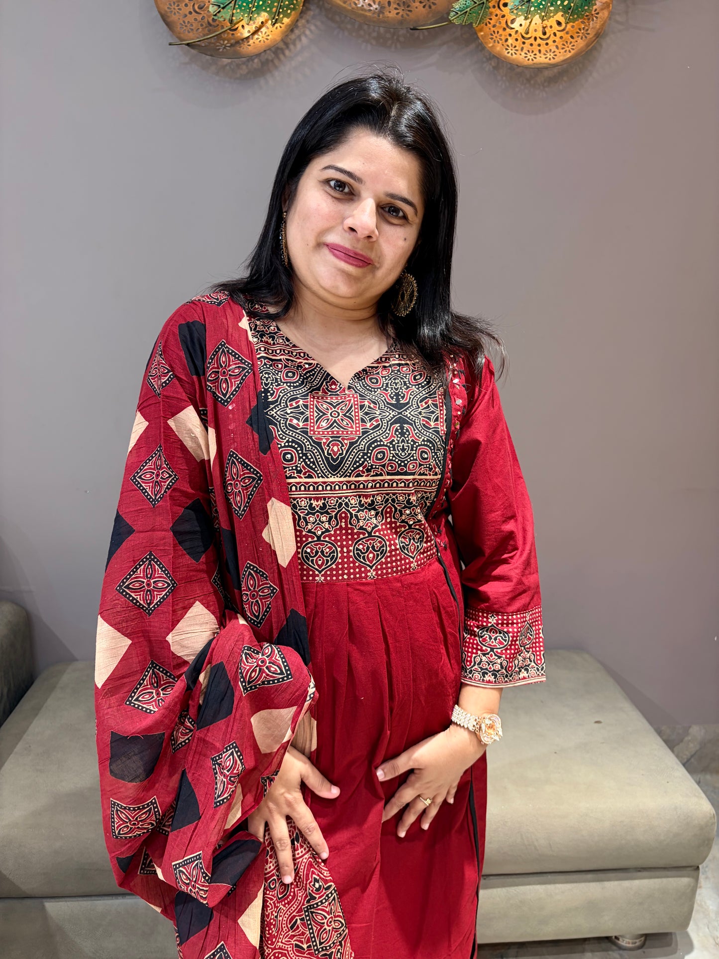Marron Pure Jaipuri Cotton Aline Suit