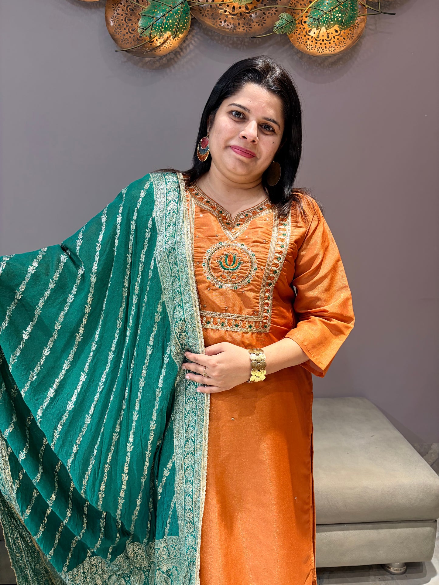 Rust Orange Tissue Suit with contrast dupata