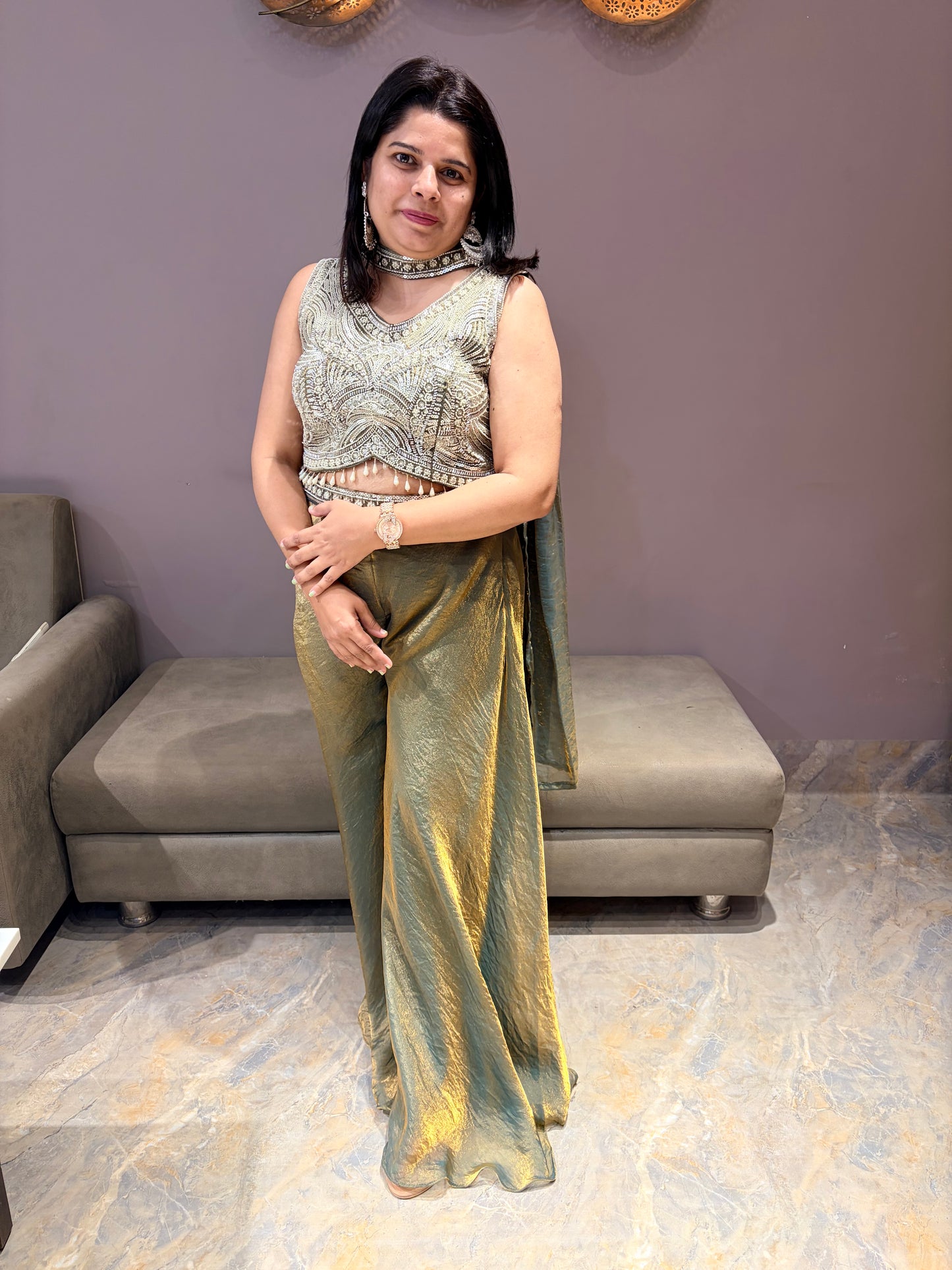 Pure Glass Tissue Beads Work Choli Plazo Set