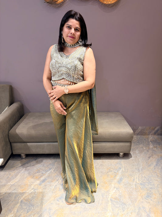 Pure Glass Tissue Beads Work Choli Plazo Set